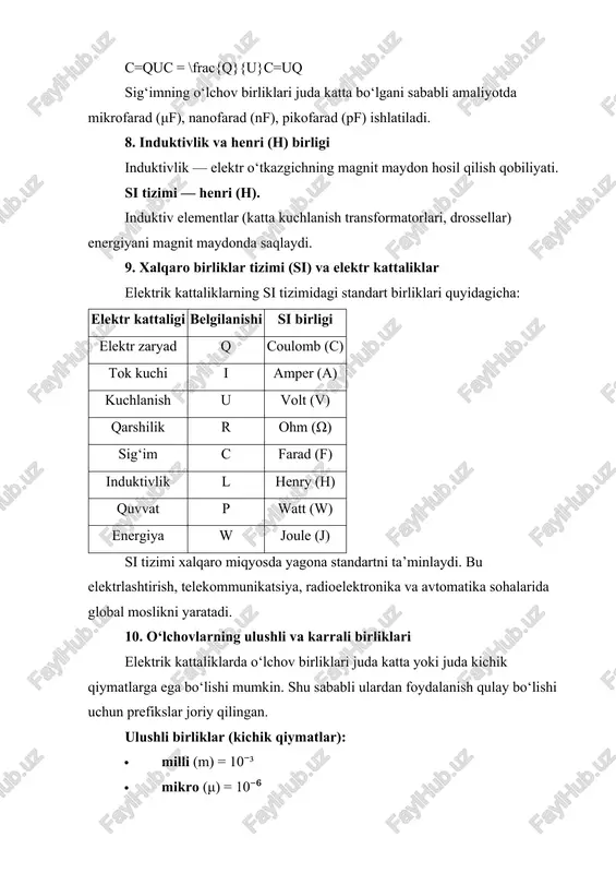iradi; ammo amaliy elektrotexnika va elektronika sohalarida asosan milli-, mikro-, nano- va pikodan keng foydalaniladi. misol uchun, 0.000001 farad sig‘imni yozishda “0.000001 f” shakli noqulay bo‘lgani uchun 1 mikrofarad (1 µf) deb yozish juda qulay va aniq bo‘ladi; xuddi shu kabi 0.001 amper tok kuchini “0.001 a” emas, balki 1 milliamper (1 ma) deb yozish va tushunish osonroq. shuningdek, masalan, mikrovatt, mikrometr, milliohm, nanosekund kabi juda ko‘p o‘lchov birliklari ham aynan ulushli prefikslar yordamida ifodalanadi. elektronika sohasida ulushli ko‘paytmalar nihoyatda muhim, chunki elektron komponentlarning aksariyati — rezistorlar, kondensatorlar, tranzistorlar, integral mikrosxemalar — juda kichik qiymatdagi elektr kattaliklar bilan ishlaydi. masalan, mikroamper darajasidagi toklar sezgir sensorlar va laboratoriya asboblarida, nanoamper yoki pikoamper darajasidagi toklar esa yuqori sezgirlik talab etiladigan nanoelektronika, tibbiyotning biopotensial o‘lchash qurilmalari (ekg, eeg) hamda fizik eksperimentlarda qo‘llaniladi. kondensatorlarning sig‘imi ko‘pincha mikrofarad (µf), nanofarad (nf) yoki pikofarad (pf) bilan ifodalanadi; chunki 1 farad sig‘im juda katta bo‘lib, amaliy elektronika …