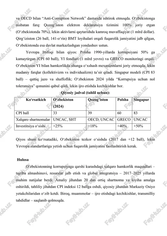 rsatdiki, fuqarolarning 65% xalqaro yordamni ijobiy baholagan. biroq, 2023 yilda qaytarilgan aktivlarning faqat 30% milliy byudjetga yo‘naltirilgani tanqidga sabab bo‘ldi. qiyosiy jihatlar: markaziy osiyo va yevropa tajribasi bilan solishtirish qiyosiy tahlil o‘zbekiston tajribasini boshqa mamlakatlar bilan taqqoslaydi. markaziy osiyoda qozog’iston cpi 2024 yilda 39 ball (93-o‘rin), u 2015 yildan yxht va oecd bilan “anti-corruption network” dasturida ishtirok etmoqda. o‘zbekistonga nisbatan farq: qozog’iston elektron deklaratsiya tizimini 100% joriy etgan (o‘zbekistonda 70%), lekin aktivlarni qaytarishda kamroq muvaffaqiyat (1 mlrd dollar). qirg‘iziston (26 ball, 141-o‘rin) bmt loyihalari orqali fuqarolik jamiyatini jalb qilgan, o‘zbekistonda esa davlat markazlashgan yondashuv ustun. yevropa ittifoqi bilan qiyos: polsha 1990-yillarda korrupsiyani 50% ga kamaytirgan (cpi 60 ball), yi fondlari (1 mlrd yevro) va greco monitoringi orqali. o‘zbekiston yi bilan hamkorlikda shunga o‘xshash mexanizmlarni joriy etmoqda, lekin madaniy farqlar (kollektivizm vs individualizm) ta’sir qiladi. singapur modeli (cpi 83 ball) – qattiq jazo va shaffoflik; o‘zbekiston 2024 yilda “korrupsiya uchun nol …