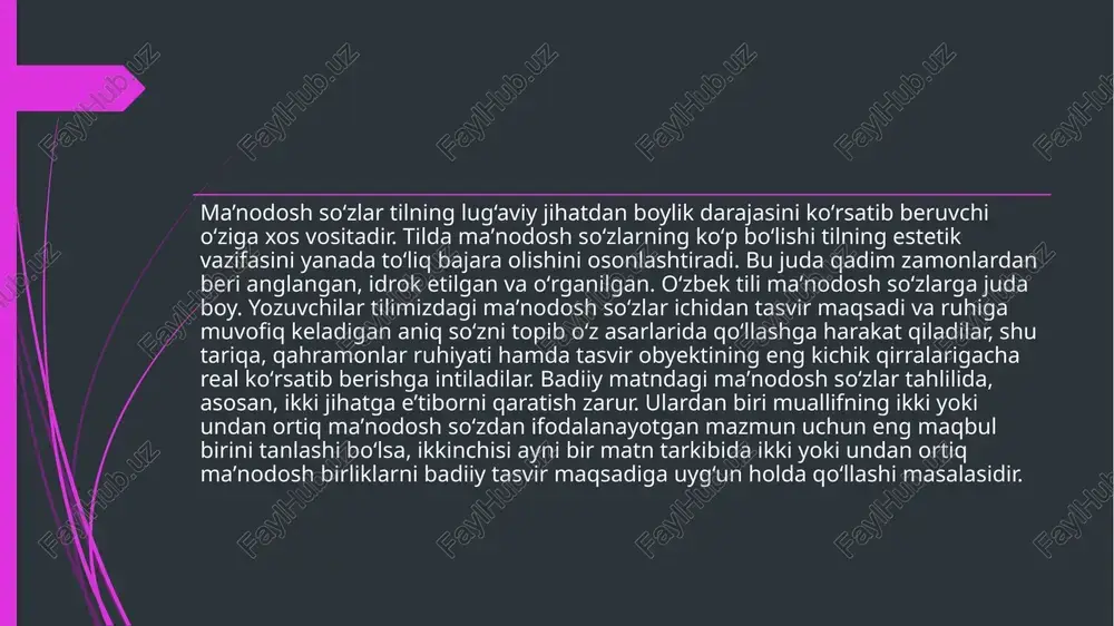 ning ko‘pligi), xalos (ozod bo‘lish) – xolos (faqat), xush (yaxshi, yoqimli) – hush (insonning sezish, idrok etish qobiliyati). «paronimlarga asoslangan uslubiy figura paronomaziya deb yuritiladi. badiiy adabiyotda paronomaziyadan ifodalilik, ohangdorlikka erishish, komik effekt yaratish, so‘z o‘yini hosil qilish kabi maqsadlarda foydalaniladi.» badiiy adabiyotda o‘xshash so‘z (paronim)lar qahramonlar nutqini individuallashtirish, ularning ma’naviy hamda lisoniy saviyasini ko‘rsatish uchun ham ishlatiladi. quyidagi parchada paronimlardan komik effekt yaratish maqsadida foydalanilgan. qahrmon kompot (mevalardan tayyorlanadigan sharbat) va kompost (chiqindilardan achitib tayyorlanadigan organik o‘g‘it) paronim so‘zlarining ma’nosini bilmaganligi uchun kulgili vaziyatga tushadi: «aylanib yurib to‘rtinchi brigada dalasida janjal ustidan chiqib qolibman. xulosa badiiy matnning leksik-semantik xususiyatlari asar mazmunini ochishda, obrazlar tizimini yaratishda va muallifning estetik maqsadini ifodalashda hal qiluvchi ahamiyatga ega. badiiy matnning til qurilishi oddiy nutqdan farq qilib, unda so‘zlarning ma’noviy kengayishi, ko‘p qatlamli semantik yuk, ramziy ma’nolar, badiiy-tasviriy vositalarning uyg‘un qo‘llanishi muhim o‘rin tutadi. so‘zlarning bevosita lug‘aviy ma’nosi bilan birga konnotativ, obrazli, metaforik ma’nolar …