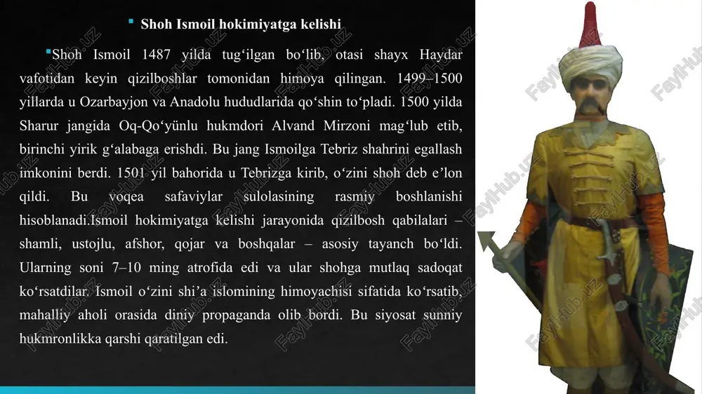 vafot etdi, ammo uning 23 yillik hukmronligi eronni birlashtirdi. davlat hududi ozarbayjondan xurosongacha choʻzildi. ichki siyosat orqali shiʼa identifikatsiyasi yaratildi, bu keyingi asrlarda eronning oʻziga xosligini belgiladi.tashqi siyosatda muvozanat saqlangan boʻlsa-da, choldiron magʻlubiyati harbiy islohotlarni talab qildi. bu islohotlar shoh tohmasp davrida amalga oshirildi. umuman, safaviylar oʻrnatgan tuzum 200 yildan ortiq davom etib, eron tarixida muhim bosqich boʻldi.qizilboshlar davlatning harbiy asosi boʻlib, ularning sadoqati shoh shaxsiyatiga bogʻliq edi. ismoil ularni oila aʼzolaridek koʻrib, nikohlar orqali qarindoshlik aloqalarini oʻrnatdi. masalan, ustojlu qabilasi rahbari bilan qizini uylantirdi. bu siyosat ichki barqarorlikni taʼminladi, ammo qabilaviy raqobatni keltirib chiqardi.viloyatlarda qizilbosh amirlari yer iqtolarga ega boʻlib, mahalliy soliq yigʻuvchilarga aylandi stranitsa 11 davlat boshqaruvi va ichki siyosat safaviylar sulolasi hokimiyatni o’rnatgach, davlat boshqaruvida qizilbosh qabilalari markaziy o’rinni egalladi. bu qabilalar, asosan, turkman va boshqa ko’chmanchi guruhlardan iborat bo’lib, shoh ismoil i ning harbiy kuchining asosini tashkil etgan edi. ular saroyda kuchlar muvozanatini ta’minlashda muhim rol …