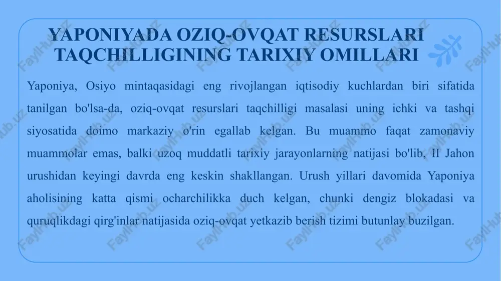 a’siri tashqi risklar va ta’minot zanjiri muammolari zaxira tizimlari va hukumat choralarining ro’li 14 narxlar barqarorligiga ta'siri oziq-ovqat xavfsizligining eng sezilarli oqibatlari orasida turadi. oziq-ovqat narxlarining o'zgaruvchanligi inflyatsiyani kuchaytirib, aholining xarajatlarini oshiradi, ayniqsa past daromadli oilalar uchun. 2022-2025 yillarda global oziq-ovqat narxlari indeksi fao ma'lumotlariga ko'ra, o'rtacha 20 foizga oshgan, bu esa rivojlanayotgan mamlakatlarda ijtimoiy noroziliklarga sabab bo'lgan. narxlarning oshishi bir necha mexanizm orqali sodir bo'ladi: birinchidan, ta'minotdagi uzilishlar narx bosimini oshiradi. masalan, qurg'oqchilik yoki suv toshqinlari hosilni kamaytirganda, bozor narxlari darhol javob beradi. tashqi risklar va ta'minot zanjiri muammolari oziq-ovqat xavfsizligining eng zaif halqalaridan birini tashkil etadi. tashqi risklar orasida iqlim o'zgarishi, geosiyosiy ziddiyatlar va texnologik buzilishlar bor. iqlim o'zgarishi global ta'minotni jiddiy tahdid qilmoqda: bmtning iqlim o'zgarishi bo'yicha paneli (ipcc) hisobotiga ko'ra, 2050-yilga borib hosil hajmi 20 foizga qisqarishi mumkin. hozirda, 2025-yilda, ekstremal ob-havo hodisalari – qurg'oqchiliklar va suv toshqinlari – yevropa va shimoliy amerikada don yetishtirishni 15 …