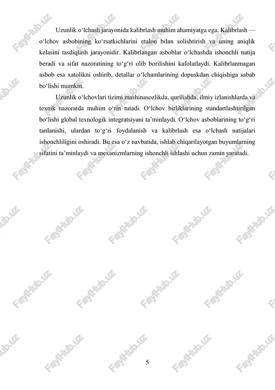 rsallashtirilgan burchak mikrometrlar, optik proyektorlar ham keng qo‘llaniladi. burchaklarni o‘lchashda asosiy muammo — bu o‘lchash xatoliklaridir. xatoliklar uch asosiy manbadan kelib chiqadi: 1. instrumental xatoliklar — bu asbobning o‘zi ishlab chiqarilganda yuzaga kelgan geometrik aniqlik cheklanishlari, o‘lchash shkalasidagi nomutanosibliklar yoki mexanik bo‘shliqlar tufayli kelib chiqadi. masalan, arzon transportirning markaziy kesish nuqtasi aniq bo‘lmasa, o‘nlab millimetr xato natija paydo bo‘ladi. 2. operator xatoliklari — o‘lchash vaqtida inson omili bilan bog‘liq holda yuzaga keladi. burchakni ko‘z bilan noto‘g‘ri joylashtirish, belgining noto‘g‘ri o‘qilishi yoki qurilmani yetarlicha mahkam o‘rnatmaslik bunga kiradi. 3. harorat va fizik ta’sirlar xatoliklari — metall asboblar va detallar issiqlik kengayishi tufayli o‘lcham o‘zgarishiga olib kelishi mumkin. shu sababli burchak o‘lchash jarayonida standart harorat 20°c bo‘lishi tavsiya etiladi. bunday xatoliklarni kamaytirish uchun kalibrlash jarayoni amalga oshiriladi. kalibrlash – bu o‘lchash asbobining ko‘rsatkichlarini etalon bilan solishtirish va 8 uning aniqlik darajasini tekshirishdir. kalibrlangan asboblar bilan ishlash o‘lchash ishonchliligini oshiradi. mashinasozlikda burchak aniqligi …