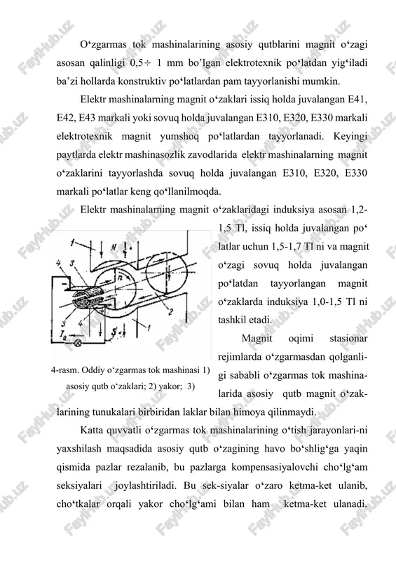 irpanishi va cho‘tka bilan kollektor orasidagi ba’zi hollarda hosil bo‘ladigan uchqunlar ta’sirida tez yemiriladi, yemirilgan kollektorni maxsus tekkislash stanoklarida tekislanadi. 3. o‘zgarmas tok mashinalarining ishlash prinsipi bizga ma’lumki, o‘zgarmas tok mashinasining stator va yakorlarining magnit o‘zaklari ferromagnit materiallardan tayyorlanadi. o‘zgarmas tok mashinasining yakorini aylantirilganda, qo‘zg‘atish cho‘lg‘ami hosil qilgan asosiy magnit maydon kuch chiziqlari bilan kesishgan yakorr cho‘lg‘amlarida elektr yurituvchi kuch induksiyalanadi. yakor cho‘lg‘amidagi elektr yurituvchi kuchning yo‘nalishi o‘ng qo‘l qoidasi yordamida aniqlanadi. magnit maydon o‘zgarmas bo‘lganligi sababli cho‘lg‘amdagi elektr yurituvchi kuch aylanish elektr yurituvchi kuchi deb ataladi. yakor cho‘lg‘amining bitta o‘tkazgichidagi elektr yurituvchi kuch (1) bu yerda: v - havo bo‘shlig‘idagi magnit maydon induksiyasi; l - o‘tkazgichning uzunligi; v = 2rn - o‘tkazgichning chiziqli tezligi. seksiyaning o‘tkazgichlari simmetrik bo‘lganligi sababli, ularda bir xil kattalikdagi elektr yurituvchi kuchlar hosil bo‘lib, ular kontur bo‘yicha qo‘shiladi va chiziqli tezlik bilan aylanayotgan yakor cho‘lg‘amining bitta o‘ramidagi elektr yurituvchi kuch quyidagicha bo‘ladi: (2) yakor cho‘lg‘amlari …