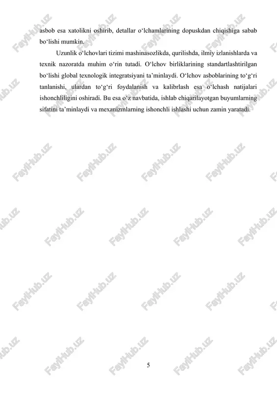 ektorlar ham keng qo‘llaniladi. burchaklarni o‘lchashda asosiy muammo — bu o‘lchash xatoliklaridir. xatoliklar uch asosiy manbadan kelib chiqadi: 1. instrumental xatoliklar — bu asbobning o‘zi ishlab chiqarilganda yuzaga kelgan geometrik aniqlik cheklanishlari, o‘lchash shkalasidagi nomutanosibliklar yoki mexanik bo‘shliqlar tufayli kelib chiqadi. masalan, arzon transportirning markaziy kesish nuqtasi aniq bo‘lmasa, o‘nlab millimetr xato natija paydo bo‘ladi. 2. operator xatoliklari — o‘lchash vaqtida inson omili bilan bog‘liq holda yuzaga keladi. burchakni ko‘z bilan noto‘g‘ri joylashtirish, belgining noto‘g‘ri o‘qilishi yoki qurilmani yetarlicha mahkam o‘rnatmaslik bunga kiradi. 3. harorat va fizik ta’sirlar xatoliklari — metall asboblar va detallar issiqlik kengayishi tufayli o‘lcham o‘zgarishiga olib kelishi mumkin. shu sababli burchak o‘lchash jarayonida standart harorat 20°c bo‘lishi tavsiya etiladi. bunday xatoliklarni kamaytirish uchun kalibrlash jarayoni amalga oshiriladi. kalibrlash – bu o‘lchash asbobining ko‘rsatkichlarini etalon bilan solishtirish va uning aniqlik darajasini tekshirishdir. kalibrlangan asboblar bilan ishlash o‘lchash ishonchliligini oshiradi. mashinasozlikda burchak aniqligi ko‘pincha 1′ (1 daqiqa) aniqlikka …
