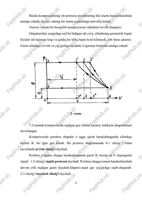 rning konstruksiyasi murakkablashadi, mexanikaviy va gidravlik isroflar ko‘payadi. gazni silindrda siqishda va uni oraliq sovitkichda sovitishda olinadigan issiqlik miqdori ma’lum formulalar orqali topiladi: (5) (6) kompressor valida sarflanadigan samarali quvvat quyidagiga teng: (7) bu yerda: g -kompressor unumdorligi, kg/s; l - bir bosqichli 1 kg gazni siqishga sarflanadigan nazariy ish miqdori, j/kg; m - kompressor bosqichlari soni; - mexanik f.i.k. a d a b i yo t l a r 1. nashokin v.v. texnicheskaya termodinamika i teploperedacha m., 1980 y. 1. kudinov v.a., kartashov e.m. texnicheskaya termodinamika m., 2000 y. 1. kirillin v.a., sichev.v., sheyddlin a.ye. texnikaviy termodinamika. toshkent 1980 y. 1. chernyak o.v. teplotexnika va gidravlika asoslari. toshkent, 1997 y. 1. larikov n.n. teplotexnika. m.,1986 y. 1. pankratov g.p. sbornik zadach po teplotexnke. m., 1986 y. 1. andrianova t.n., dzampov b.v. i dr. sbornik zadach po texnicheskoy termodinamike. m., 2000 y. 14 image3.png image4.wmf oleobject1.bin image5.wmf oleobject2.bin image6.wmf oleobject3.bin …
