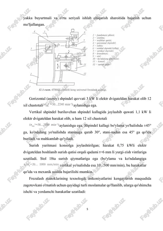 olining kengligi #=320-5000 mm, uzunligi l=1000-12500 mm gacha yetadi (12.4-rasm). stanoklarning modellari 6682, a662b, a662. uzluksiz harakatli frezalash stanoklarida kesishjarayoni ishlanayot-gan zagotovkalarning to'xtovsiz aylanma harakati davomida sodir bo'ladi. bunday stanoklarga karusel-frezalash va barabanli-frezalash stanoklari mansubdir. karusel-frezalash stanogi vertikal o'q atrofida aylanib turuvchi stolga ega (12.5-rasm). zagotovka stolga o'rnatilib sekin aylantirib turiladi. frezalar frezalash kallagining ikki shpindeliga o'rnatiladi. birinchi freza xomaki, ikkinchisi tozalab ishlov beradi. tayyor detallarni bo'shatib olish va yangi zagotovkalarni o'rnatish yuklash pozitsiyasida stanokni to'xtatmay turib bajariladi, buning natijasida yordamchi vaqt keskin qisqarib, ishlov berish unumdorligi ortadi. barabanli-frezalash stanoklari(l2.6-rasm) bir vaqtning o'zida ikki o'zaro parallel torets tekisliklariga ega bo'lgan detallar (korpus, vallar)ga ishlov berishda qo'llaniladi. bu stanoklarning o'ziga xos konstruktiv belgisi sifatida diametri 500...2000 mm ii olti yoqli barabanning bor-ligini ko'rsatish mumkin. baraban gorizontal o'q atrofida sekin aylan- tirilib (surish harakati s), uning yassi yoqlariga zagotovkalar o'rnatilib mahkamlanadi. yuqoridajoylashgan ikki kallak xomaki, pastdajoy-lashgan ikki kallak esa tozalab ishlov beradi. …
