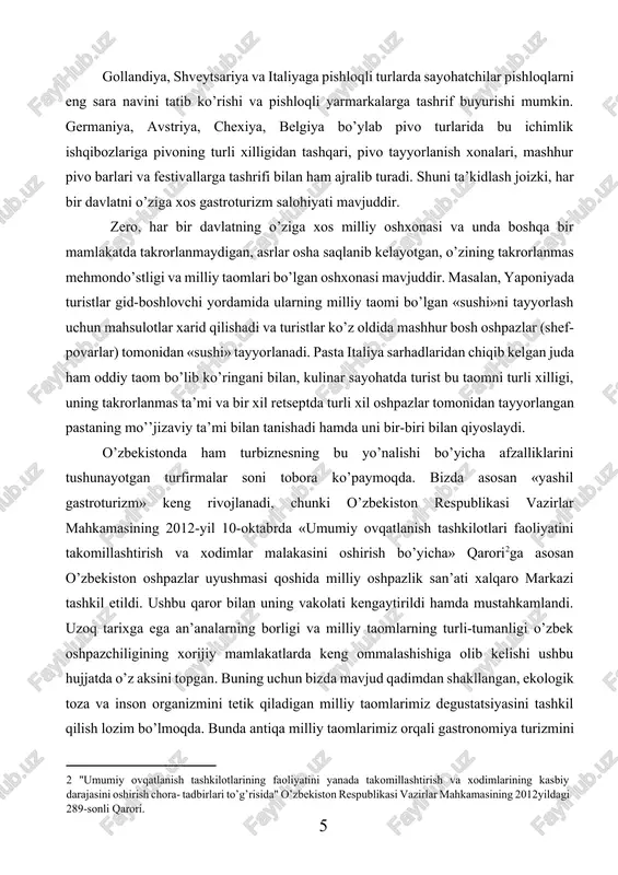 n ham mazali hisoblanadi. [2: "umumiy ovqatlanish tashkilotlarining faoliyatini yanada takomillashtirish va xodimlarining kasbiy darajasini oshirish chora- tadbirlari to’g’risida" o’zbekiston respublikasi vazirlar mahkamasining 2012yildagi 289-sonli qarori. ] 2. o’zbekistonda gastronomiya turizmini shakllantirish xususiyatlari pazandachilikda har bir xalqning urf-odatlari, tarixiy an’analari va o’ziga xos xususiyatlari aks etadi. mana shu o’ziga xoslik milliy oshxonalarda ajoyib taomlarning yuzaga kelishi va turli-tuman bo’lishiga ham sabab bo’ladi. barcha taomlarimizning mazali va xushta’mlilik darajasiga ko’tarilishida quyoshli o’lkamiz zaminida yetishtiriladigan dehqonchilik mahsulotlarining xilma-xilligi muhim ahamiyat kasb etadi. dasturxonimizning o’ziga xos xususiyatlarini to’la namoyon etadigan omillardan biri – taomlarimizning turlitumanligidir. chunonchi, chorvachilik bilangina shug’ullanadigan joylarda go’sht-yog’, sut-qatiq ko’proq iste’mol qilinsa, dehqonchilik rivojlangan hududlarda esa sabzavotli, don-dukkakli ovqatlar asosiy o’rin oladi. shunday taomlar borki, bularni kundalik iste’mol uchun emas, balki bayram dasturxonlariga mo’ljallab, aziz mehmonlar uchun tayyorlanadi. qazi-qarta, po’stdumba o’ramasi, tandir kabob, norin, xasip kabi tansiq taomlar shular jumlasiga kiradi. bir hududda yashayotgan turli millatlar va elatlarning taomlari bir-biriga …