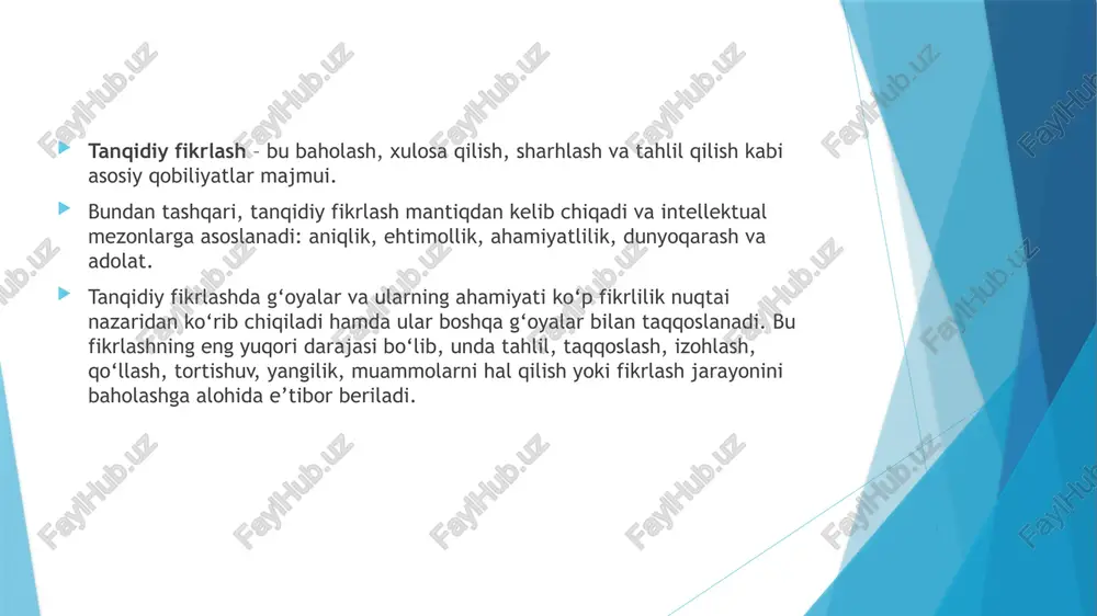 bosqich – fikrlash (mulohaza).fikrlash bosqichi kulminatsiya hisoblanadi, uning davomida talabalardan o‘z bilimlarini umumlashtirish, bilib olgan narsalarni bungacha bilgan narsalari bilan taqqoslash, ularning savollarga javoblarni qay darajada olganiga qarab baholash (va zaruratga qarab yangi savollarni shakllantirish), bilgan narsalarini yanada katta muammolarga qo‘llash, bilib olgan narsalarini munozara qilish va himoya qilish ko‘nikmalari shakllanadi. sherlok xolms faoliyatida tanqidiy fikrlash sherlok xolms — artur konan doyl tomonidan yaratilgan dunyoga mashhur detektiv obrazi bo‘lib, uning butun faoliyati tanqidiy fikrlash, dalillardan xulosa chiqarish va analitik tafakkurga tayangan holda qurilgan. xolmsning ish yuritish uslubi nafaqat adabiyotda, balki real hayotdagi tergov amaliyoti, psixologiya va kriminalistikaning rivojiga ham sezilarli ta’sir ko‘rsatgan. uning tahliliy yondashuvi ko‘plab tadqiqotchilar tomonidan “deduktiv metod”, “ilmiy kuzatuv”, “mantiqiy tahlil” kabi tushunchalar bilan izohlanadi. xolmsning tanqidiy fikrlash jarayonida eng muhim element — bu kuzatuvchanlikdir. u boshqalar e’tibor bermaydigan mayda detallarni ko‘radi, ularni umumiy manzara bilan bog‘laydi va borliqni juda aniqlik bilan tahlil qiladi. masalan, insonning kiyinishi, …