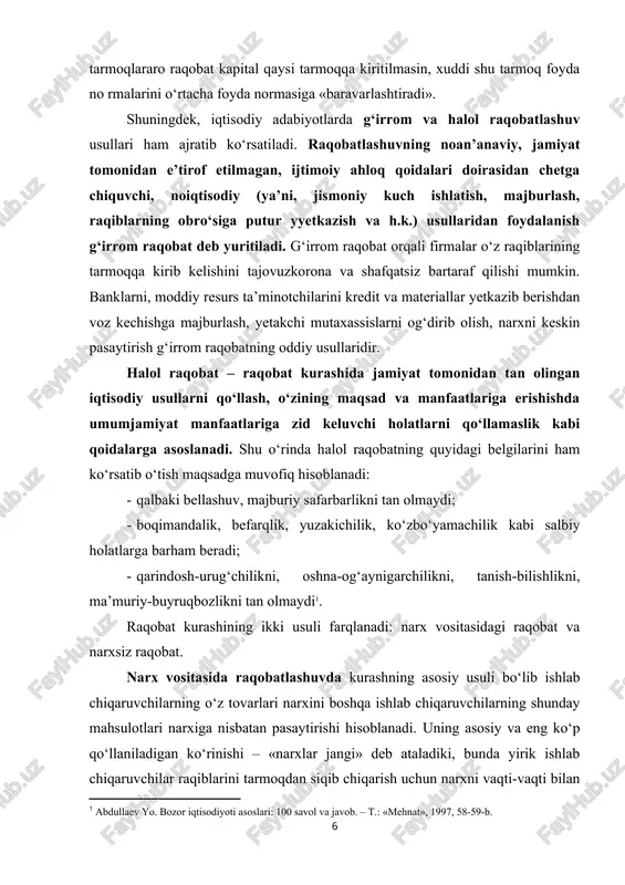 9-b.] raqobat kurashining ikki usuli farqlanadi: narx vositasidagi raqobat va narxsiz raqobat. narx vositasida raqobatlashuvda kurashning asosiy usuli bo‘lib ishlab chiqaruvchilarning o‘z tovarlari narxini boshqa ishlab chiqaruvchilarning shunday mahsulotlari narxiga nisbatan pasaytirishi hisoblanadi. uning asosiy va eng ko‘p qo‘llaniladigan ko‘rinishi – «narxlar jangi» deb ataladiki, bunda yirik ishlab chiqaruvchilar raqiblarini tarmoqdan siqib chiqarish uchun narxni vaqti-vaqti bilan yoki uzoq muddat pasaytirib turadi. bu usulni qo‘llash uchun ishlab chiqaruvchi boshqa raqiblariga qaraganda unumliroq texnologiyani kiritishi, malakaliroq ishchilarni yollashi va ishlab chiqarishni yaxshiroq tashkil qilishi kerak bo‘ladi. faqat shundagina uning tovarining individual qiymati bozor qiymatidan past bo‘lib, mazkur tovar narxini pasaytirish imkonini beradi. narx vositasida raqobatlashish usullaridan biri – demping narxlarni qo‘llashdir. bunda milliy ishlab chiqaruvchilar o‘zlarining tovarlarini boshqa mamlakatlarga ichki bozordagi narxlardan, ayrim hollarda tannarxidan ham past bo‘lgan narxlarda sotadi. shu orqali ular ichki bozorda narxlarning barqarorligiga erishish mamlakatdagi ortiqcha mahsulotni yo‘qotish, yangi bozorlarga kirib olish va unda o‘zlarining iqtisodiy mavqeini …