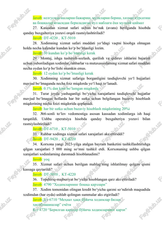 iriq-majburiyat boʻyicha hisoblangan qarz aks ettiriladi? javob: 4790 “xodimlarning boshqa qarzlari” 37. xodim tomonidan olingan kredit boʻyicha qarzni soʻndirish maqsadida xodimdan (har oyda) ushlab qolingan summalar aks etgiriladi? javob:d-t 6710 “mehnat haqi bo'yicha xodimlar bilan hisoblashishlar” schyoti k-t 4720 “berilgan qarzlar bo'yicha xodimlarning qarzi” schyoti 38. qisqa muddatli majburiyatlar nima? javob: 1 yildan kam muddatga olinadigan qarz 39. qarzni soʻndirish hisobiga savdo tashkilotiga (har oyda) oʻtkazilgan summalar aks ettiriladi? javob: dt-6950 , kt-5110 40. ombordagi xom ashyo va materiallar inventarizatsiyasi natijasida kamomad aniqlanganda qanday buxgalteriya yozuvlari aks ettiriladi? javob: dt-5910 , kt-1010 41. xodimga berilgan qarz summasi aks ettirilganda toʻgʻri buxgalteriya yozuvlarini koʻrsating? javob: dt-4720 , kt-5010,5110 42. nomoddiy aktivlarning qarz sifatida berilishi aks ettirildiganda. javob: dt-4720 , kt-0400 43. asosiy vosita yaʼni, mebel va ofis jihozlari kamomadi aybdor shaxslardan undiriladiganda javob: dt-0100, kt-4730 44. material kamomadi uchun aybdor shaxslardan undiriladiganda? javob: dt-1010 , kt-4730 45. inventarizatsiya natijasida kassadagi pul …