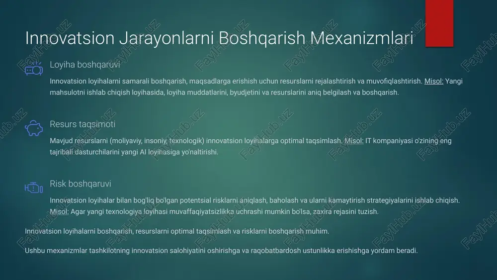 isol uchun, mit (massachusets texnologiya instituti) va stanford universiteti. 2 klasterlar innovatsion klasterlar kompaniyalar, universitetlar va tadqiqot institutlarining hamkorligini ta'minlaydi. misol uchun, silikon vodiysi va kembrij klasteri. 3 aloqalar xalqaro aloqalar global tajriba almashish va yangi bozorlarga chiqish imkoniyatini beradi. misol uchun, yevropa ittifoqi va osiyo davlatlari o'rtasidagi hamkorlik. universitetlar va biznes oʻrtasidagi hamkorlik, innovatsion klasterlar va xalqaro aloqalar innovatsion jarayonlarni rivojlantirishda muhim ahamiyatga ega. ushbu elementlar innovatsion g'oyalarni yaratish, ishlab chiqish va joriy etish uchun qulay muhit yaratadi. 11 innovatsion boshqaruv qarorlari 1 strategik qarorlar kompaniyaning uzoq muddatli maqsadlari va yo'nalishlari. 2 taktik qarorlar resurslarni taqsimlash va jarayonlarni optimallashtirish. 3 operatsion qarorlar kundalik vazifalarni bajarish va muammolarni hal qilish. menejerning darajasi qabul qilinadigan qarorlarga ta'sir qiladi. strategik qarorlar yuqori pog'onada, operatsion qarorlar esa quyi pog'onada qabul qilinadi. 12 innovatsion jarayonlarning kelajagi 10 sun'iy intellekt keyingi 10 yilda sun'iy intellektning rivojlanishi. masalan, avtonom tizimlar, mashinaviy o'rganish va tabiiy tilni qayta …