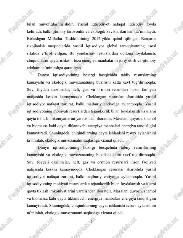 iyot nafaqat zarurat, balki majburiy ehtiyojga aylanmoqda. yashil iqtisodiyotning mohiyati resurslardan tejamkorlik bilan foydalanish va ularni qayta tiklash imkoniyatlarini yaratishdan iboratdir. masalan, quyosh, shamol va biomassa kabi qayta tiklanuvchi energiya manbalari energiya tanqisligini kamaytiradi. shuningdek, chiqindilarning qayta ishlanishi resurs aylanishini ta’minlab, ekologik muvozanatni saqlashga xizmat qiladi. dunyo iqtisodiyotining hozirgi bosqichida tabiiy resurslarning kamayishi va ekologik muvozanatning buzilishi katta xavf tug‘dirmoqda. suv, foydali qazilmalar, neft, gaz va o‘rmon resurslari inson faoliyati natijasida keskin kamaymoqda. cheklangan resurslar sharoitida yashil iqtisodiyot nafaqat zarurat, balki majburiy ehtiyojga aylanmoqda. yashil iqtisodiyotning mohiyati resurslardan tejamkorlik bilan foydalanish va ularni qayta tiklash imkoniyatlarini yaratishdan iboratdir. masalan, quyosh, shamol va biomassa kabi qayta tiklanuvchi energiya manbalari energiya tanqisligini kamaytiradi. shuningdek, chiqindilarning qayta ishlanishi resurs aylanishini ta’minlab, ekologik muvozanatni saqlashga xizmat qiladi. o‘zbekiston respublikasi so‘nggi yillarda yashil iqtisodiyotga o‘tish bo‘yicha muhim chora-tadbirlarni amalga oshirmoqda. 2019-yilda qabul qilingan “yashil iqtisodiyotga o‘tish strategiyasi”da 2030-yilgacha energiya samaradorligini oshirish, qayta tiklanuvchi energiya manbalarining …