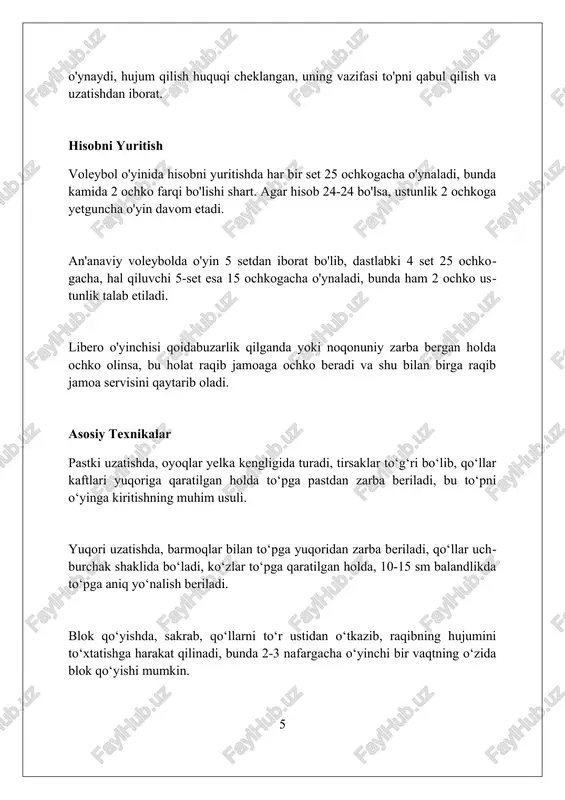 o'lmasa, o'yin davom etadi. xulosa voleybol sport o'yini jamoaviy hamkorlikni, tezkorlikni va strategik fikrlashni talab qiladi. bu nafaqat jismoniy mashq, balki aql charxlovchi qiziqarli faoliyatdir. foydalanilgan adabiyotlar 1. andrianov yu.n. voleybol: uchebnoe posobie dlya visshix uchebnix zavedeniy. – moskva: fizicheskaya kultura, 2009. 2. belyaev a.v., savin m.v. voleybol: uchebnik dlya institutov fizicheskoy kulturi. – moskva: fizkultura i sport, 2000. 3. jeleznyak yu.d., slutskaya e.b ( 0 0 0 ) ( 7 )