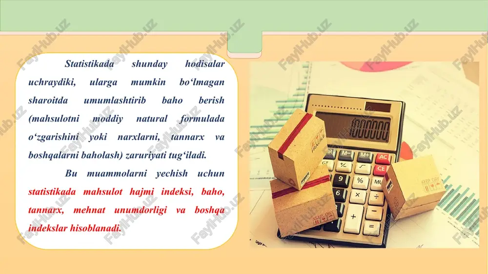 si; σq1p1 - hisobot davridagi mahsulot qiymati; σq1p0 - o‘tgan davr narxlaridagi mahsulot qiymati indeksi; σq0p0 - o‘tgan davrdagi mahsulot qiymati; σs1q1 - joriy (hisobot) davridagi mahsulotni ishlab chiqarish uchun qilingan harajati; σs0q1 - bazis davrining tannarxidagi joriy davr mahsulotini ishlab chiqarish uchun qilingan harajati; σs0q0 - bazis davridagi harajat; σt0q1 - bazis davridagi sarf bilan hisoblanilgan joriy davr mahsulotini ishlab chiqarish uchun ketgan vaqti; σt1q1 - joriy davr mahsulotini ishlab chiqarish uchun ketgan vaqti. 15 shahar bozorlaridan birida sotilgan mahsulotlarning ayrimlari to‘g‘risida quyidagi ma’lumotlar ma’lum (raqamlar shartli) (12.1-jadval): har qaysi mahsulot turlari bo‘yicha narx va miqdor o‘zgarishlarini aniqlash uchun yakka indekslar hisoblaniladi. yakka indekslar quyidagi formulalar yordamida hisoblaniladi: demak, hisobot davriga kelib, o‘tgan davrga nisbatan go‘shtning narxi 28,6% ga oshgan ekan. jami mahsulotlar bo‘yicha ularning narxi hisobot davrga kelib, o‘tgan davrga nisbatan o‘rtacha 28,1 % ga oshgan ekan. fizik xajm (miqdor) umumiy indeksini hisoblaymiz: sotilgan mahsulot miqdori (fizik hajmi) …