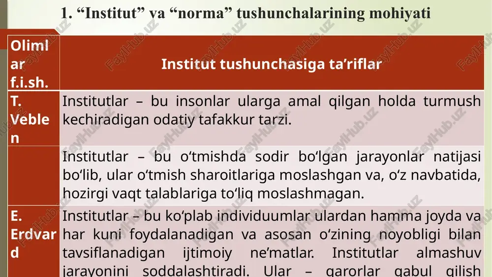 sat bozorida shaxslar o‘rtasidagi o‘zaro hamkorlik natijasida paydo bo‘ladi 2. rasmiy va norasmiy normalar va ularning shakllanishi institutsionalizm asoschilaridan biri d. nort institutlar tarkibida normalarni uchta asosiy qismga ajratadi: - rasmiy qoidalar (konstitutsiyalar, qonunlar, sud qarorlari, ma’muriy hujjatlar va b.); - norasmiy normalar (an’analar, urf-odatlar, ijtimoiy shartlilik); - qoidalarga amal qilinishini ta’minlovchi (sudlar, ichki ishlar organlari, xavfsizlik organlari, davlat va nodavlat nazorat organlari va h.k.) majburlash mexanizmlari (masalan, jazolash tizimi) amaliyot shuni ko‘rsatmoqdaki, ko‘p holatlarda norasmiy normalar jamiyatda “tartibni” ta’minlashda rasmiy qoidalarga qaraganda g‘oyat katta rol o‘ynaydi. bunga qator omillar xizmat qiladi: 1. har qanday jamiyatda faoliyatning alohida sohalari rasmiy qoidalar mavjud bo‘lmaganda faqat norasmiy normalar bilan tartibga solinadigan vaziyatni kuzatish mumkin. xo‘jalik yuritishning jamoa shakli paydo bo‘lishi davrida urug‘doshlik va ular a’zolari o‘rtasidagi munosabatlar yoki mafiya (kriminal) guruhlar o‘rtasidagi munosabatlar, o‘zbekistonda mahallada yashovchi aholi orasida keng tarqalgan odatlar va qoidalar bunga misol bo‘lib xizmat qiladi. 2. norasmiy normalar jamiyatda …