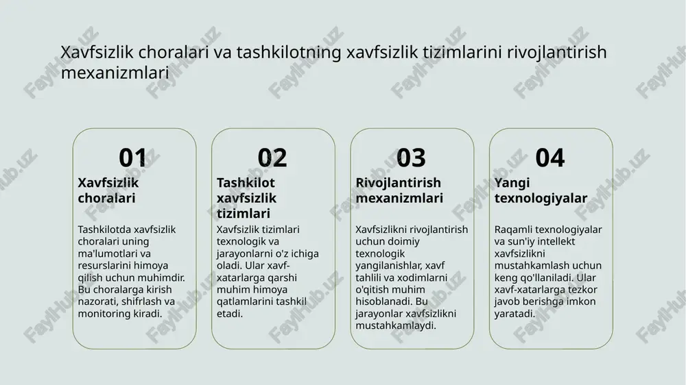 tsion texnologiyalar zamonaviy texnologiyalar yordamida xavfsizlik choralarini yanada samarali qilish mumkin. raqamli platformalar, monitoring tizimlari va avtomatlashtirilgan xavfsizlik usullari resurslardan unumli foydalanishga yordam beradi. resurslar va xavfsizlik resurslarni toʻgʻri boshqarish va xavfsizlik choralarining muvofiqligi tashkilotning uzoq muddatli barqarorligini taʼminlaydi. bu strategiya xavfni kamaytiradi va tashkilotning umumiy samaradorligini oshiradi. tashkilot xavfsizligini ta’minlashda xavfsizlik choralari va strategiyalarining o’zaro bog’liqligi 1 xavfsizlik choralari va strategiyalarining bog’liqligi - xavfsizlik choralari va strategiyalari bir-biriga mustahkam bog’liq bo’lib, muhim risklarni aniqlash va ularni bartaraf etishga qaratilgan kompleks yondashuvlarni ta’minlaydi. 2 strategik yondashuvlarning roli - strategiyalar tashkilot xavfsizligini uzluksiz ta’minlash uchun uzoq muddatli maqsadlar va harakatlar rejasini belgilaydi, xavfni boshqarish samaradorligini oshiradi. 3 moslashuvchanlik va integratsiya - har ikkisi o’zaro moslashgan bo’lsa, xavfsizlik choralari muammolarga tez javob berishga yordam beradi, tashkilot ichida xavfsizlik madaniyatini rivojlantiradi. tashkiliy himoyalashda samarali resurs boshqarish strategiyalari resurslarni taqsimlash samara resurs boshqarish uchun aniq maqsadlar belgilash va ularni ehtiyojlarga muvofiq taqsimlash muhim. bu …