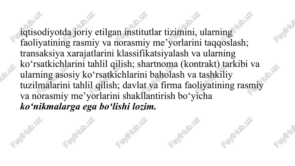 bo‘lishi → mashinalarning paydo bo‘lishi → fabrika → nisbiy qo‘shimcha qiymatni shakllantirish. karl polanining ta’kidlashicha, aynan milliy resurslar va mehnat bozorining shakllanishi asosida davlatning aralashuvi yotadi. g‘arbiy yevropaning barcha ichki bozorlari mahalliy bozorlar tabiiy evolyutsiyasining natijasi emas, balki davlatning aralashuvi orqali barpo etilgan. t. veblen «bekorchi sinf nazariyasi» (1899) asaridagi odatlar to‘g‘risidagi tahlilda xolizm metodologiyasini qo‘llaydi. odatlar individlarning bozordagi, siyosiy sohadagi, oiladagi xatti-harakatlari doiralarini belgilab beruvchi institutlardan biri hisoblanadi. insonlar xatti-harakati veblen tomonidan ikkita juda qadimiy odatdan kelib chiqib, ta’riflanadi. bu odatlarni u raqiblik hissiyoti (boshqalardan birinchi bo‘lish, umumiylikdan ajralib turish istagi) va mahorat hissiyoti (halol va samarali mehnat qilishga moslashish) deb nomlaydi. t. veblenning fikriga ko‘ra, raqiblik hissiyoti mulkchilik va bozordagi raqobatning asosida yotadi. ushbu hissiyotning o‘zi individ tanlovni amalga oshirishda o‘zining foydaliligini ko‘paytirishni emas, balki boshqalarning ko‘z o‘ngida o‘z nufuzini oshirishni ko‘zlovchi «oshkora iste’mol»ni izohlaydi. qarang: veblen t. teoriya prazdnogo klassa. m.: progress. 1987. “eski” institutsionalizm namoyondasi j.k. …