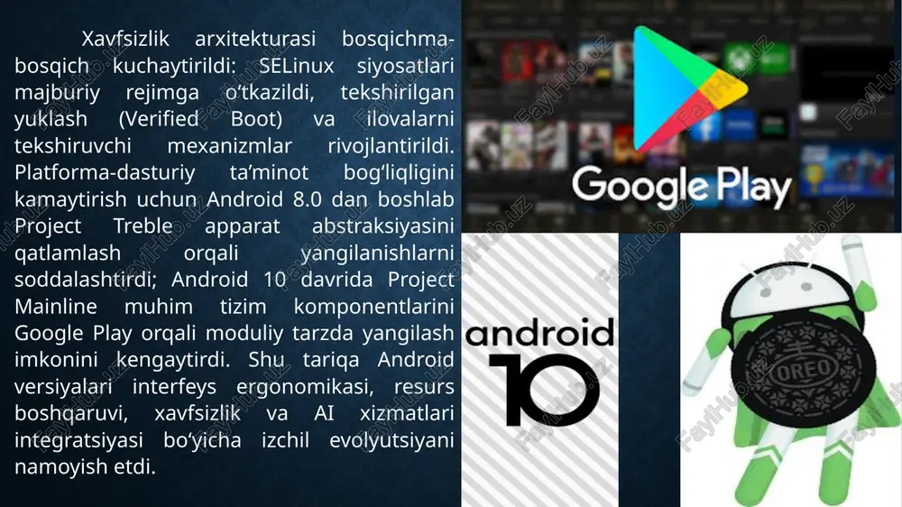 ladi. xulosa android operatsion tizimi ochiq manbali arxitekturasi, moduliy yangilanish mexanizmlari va keng apparat qo‘llab-quvvatlashi tufayli turli qurilmalar ekotizimida barqaror va moslashuvchan platforma sifatida shakllandi. uning turlari — aosp/stock, ishlab chiqaruvchiga xos talqinlar va yengillashtirilgan nashrlar — funksional talablar hamda bozor segmentlariga qarab farqlanadi; tv, wear, auto va enterprise kabi yo‘nalishlar esa konkret foydalanish ssenariylariga optimallashtirilgan yechimlarni taklif etadi. foydalanilgan adabiyotlar: “android” — o‘zbekcha vikipediya, ensiklopedik maqola. uz.wikipedia.org “android 11” — o‘zbekcha vikipediya, versiya va yangilanishlar tavsifi. uz.wikipedia.org “android 12” — o‘zbekcha vikipediya, versiya tavsifi va chiqish sanalari. uz.wikipedia.org “android kitkat (4.4)” — o‘zbekcha vikipediya, resurslari kam qurilmalar uchun optimallashtirish haqida. uz.wikipedia.org “android tizimi haqida batafsil ma’lumot” — qnb.uz blogi, android arxitekturasi va qo‘llanilishi. qnb.uz “har qanday televizor uchun android tv: xiaomi tv stick …” — ict.xabar.uz, android tv platforma xususiyatlari. ict.xabar.uz “wear os system ui” (o‘zbek tilidagi sahifa) — google play, wear os tizimiy interfeysi va yangilanishlari. google play …