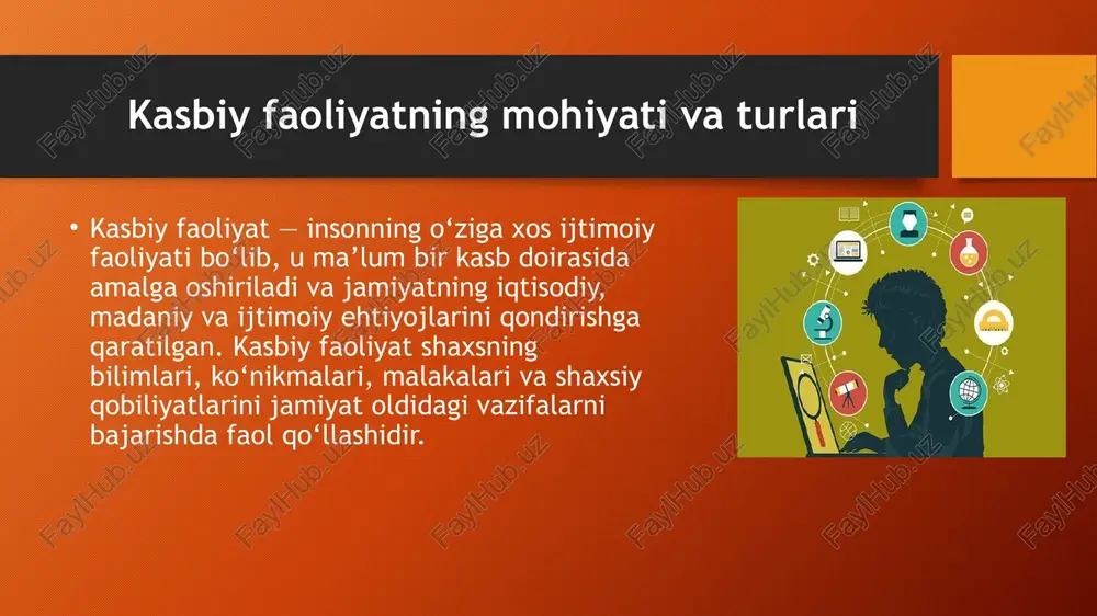 xsiy sifatlar: kasbiy faoliyatda muvaffaqiyatga erishishga ta’sir qiluvchi psixologik va shaxsiy xususiyatlar. o‘ziga xoslik darajasiga ko‘ra tasnif umumkasbiy qobiliyatlar: har qanday kasbda qo‘llanilishi mumkin bo‘lgan umumiy qobiliyatlar, masalan, kommunikatsiya, muloqot, mehnat intizomi. maxsus kasbiy qobiliyatlar: muayyan kasbga xos bo‘lgan qobiliyatlar, masalan, tibbiyotda diagnostika qilish, muhandislikda texnik hisob-kitoblar. kasbiy qobiliyatlar va professional kompetensiyalar kasbiy qobiliyatlar ko‘pincha professional kompetensiyalar bilan birga qo‘llaniladi. kompetensiya — bu shaxsning ma’lum bir kasb yoki faoliyat sohasida muvaffaqiyatli ishlashi uchun zarur bo‘lgan bilim, ko‘nikma, shaxsiy sifatlar va malakalarning to‘liq majmui. kasbiy qobiliyatlar esa kompetensiyalarning asosiy tarkibiy qismi hisoblanadi. professional kompetensiya tushunchasi ko‘proq amaliyotga yo‘naltirilgan bo‘lsa, kasbiy qobiliyatlar kengroq psixologik va shaxsiy xususiyatlarni ham qamrab oladi. shu sababli kasbiy qobiliyatlarni rivojlantirish — kasbiy malaka va kompetensiyalarni oshirishning asosi hisoblanadi. xulosa kasbiy faoliyat va kasbiy qobiliyatlar inson hayotida muhim ijtimoiy va shaxsiy ahamiyatga ega bo‘lgan tushunchalardir. kasbiy faoliyat shaxsning jamiyatdagi o‘z o‘rnini topishi, bilim va ko‘nikmalarini amaliyotga tadbiq etishi …
