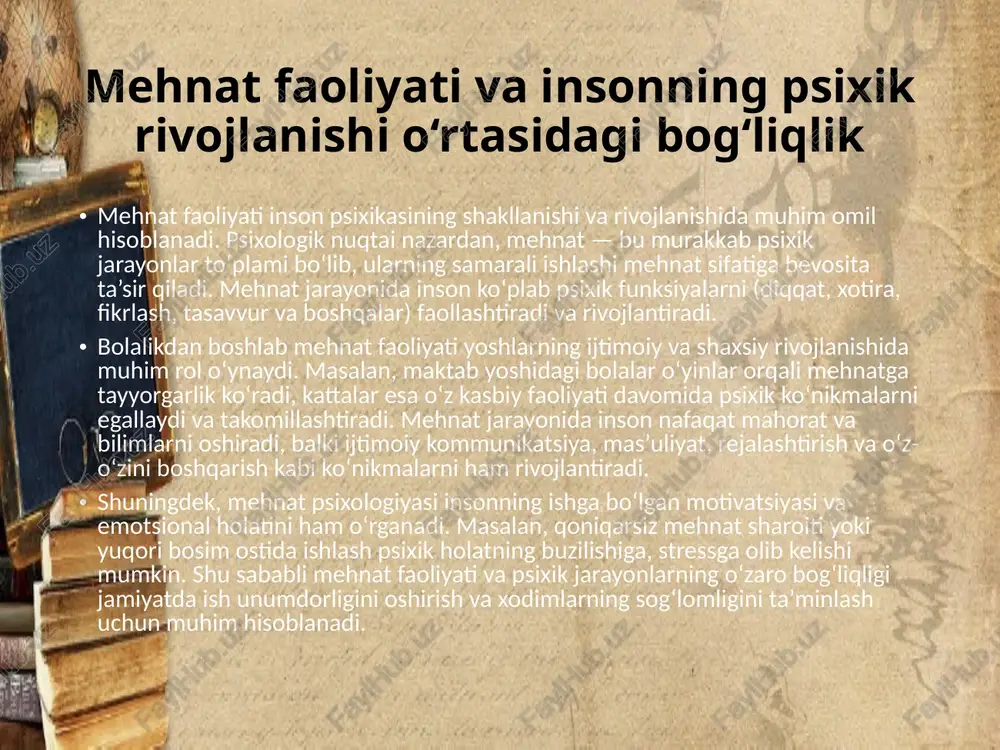 shovqin, bezovta qiluvchi tashqi ta’sirlar) diqqat samaradorligini oshiradi. xotiraning mehnat faoliyatidagi ahamiyati: ish jarayonlarini eslab qolish va qayta tiklash xotira — bu inson psixikasining o‘tmishdagi tajribalarni saqlash, saqlangan ma’lumotlarni qayta tiklash va foydalanish jarayonidir. mehnat jarayonida xotira muhim rol o‘ynaydi, chunki ko‘plab ishlar ilgari o‘rganilgan mahorat va bilimlarga asoslanadi. mehnatda xotiraning bir necha turlari mavjud: sensorli xotira — tashqi muhitdan kelayotgan ma’lumotlarning qisqa muddatli saqlanishi. qisqa muddatli xotira — tezkor ma’lumotlarni vaqtinchalik saqlaydi va ularni ishlash uchun tayyorlaydi. uzoq muddatli xotira — o‘rganilgan ko‘nikmalar va bilimlarni uzoq vaqt saqlaydi. kasbiy faoliyatda uzoq muddatli xotiraning roli katta, chunki u mahorat va bilimlarni mustahkamlaydi. misol uchun, tibbiyot sohasidagi shifokorlar ilgari o‘rganilgan anatomik bilimlar va amaliy ko‘nikmalarga tayanadi. xotirani yaxshilash uchun takrorlash, o‘rganilgan ma’lumotlarni amaliy qo‘llash, vizual va audial usullar yordam beradi. shuningdek, mehnat sharoitida xotira zo‘riqishi va charchoqqa qarshi choralar ko‘rilishi zarur. fikrlash va qaror qabul qilish jarayonlarining mehnat faoliyatidagi o‘rni fikrlash …