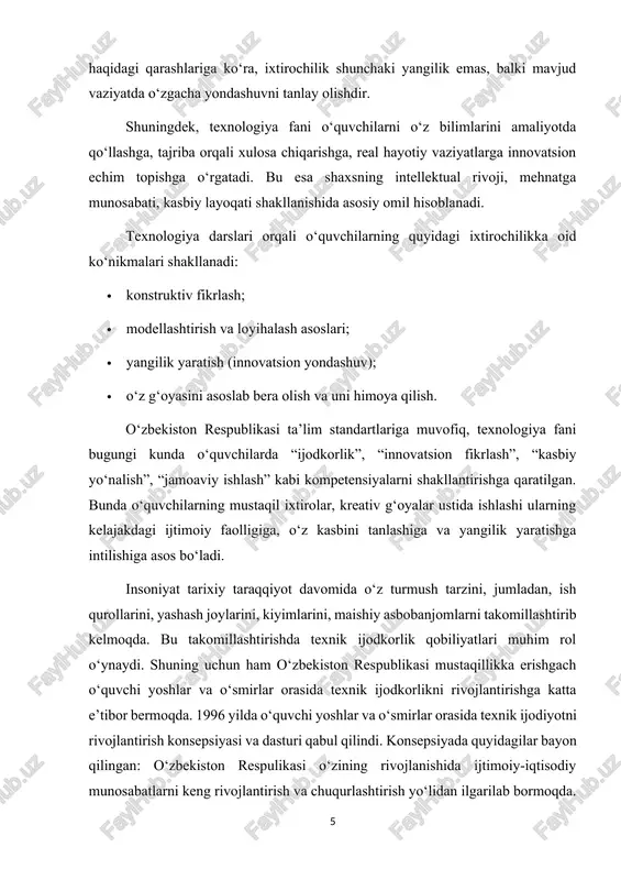 k mutaxassislar, fan va texnika yutuqlariga o‘z hissasini qo‘sha oladigan pirovardida esa shu yoshlar chet el mahsulotlari va asbob-uskunalaridan kuchliroq mashinalar yaratish qobiliyatiga ega bo‘lgan, shu yo‘lda xizmat qila oladigan bo‘lishi lozim. o‘zbekiston respublikasining davlat mustaqilligiga erishuvining ta’lim va tarbiya milliy shakllarini yanada rivoj topishida ham katta imkoniyatlar ochib berdi. yosh avlodni an’analarimiz ruhida tarbiyalab hunar o‘rgatilsa, ijodkorlikka yo‘naltirilsa, xalqimizning urf-odatlari, madaniyatimiz va tilimizga munosabatlar ildizi chuqurligi yanada oydinlashadi. texnik ijodiyotni rivojlantirishda umuminsoniy qadriyatlar doimo diqqat markazida bo‘lish uni amalga oshirish uchun shaxs erkinligi va demokratiyani himoyalash har bir kishining vazifasidir. texnik ijodkorlikni rivoj topishida o‘quvchilarning tabiatga, o‘z vataniga mas’uliyatli bo‘lish munosabatlarini tarkib toptirish muhimdir. texnik ijodkorlik katta tarbiyaviy potentsialni o‘z ichiga oladi. texnik ijodiyot o‘quvchilarni ona vatan, mehnatga bo‘lgan muhabbatini o‘stirib ularni erkin fikrlashga, mustaqillikka undaydi. texnik ijodkorlikni rivojlantirishda o‘quvchi yoshlarning o‘zlari qiziqib sevib o‘rganadigan turli yo‘nalishlarni mumkin qadar vatanga foyda keltirishni his qilsinlar. texnik ijodiyotga o‘quvchilarni yo‘naltirishda birinchi …