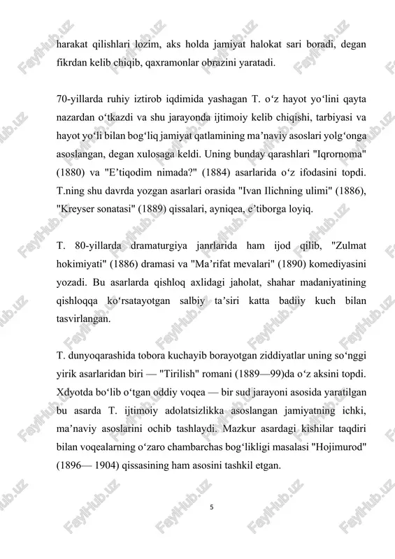 dekabr oyida" "sevastopol mayda" "sevastopol 1855-yilning avgustida" izgʻirin — hikoya, 1856 ikki gusar — qissa, 1856 yoshlik— qissa, 1857 albert — qissa, 1858 oilaviy baxt — roman, 1859 polikushka — qissa, 1863 kazaklar — qissa, 1863 urush va tinchlik — 4-tomlik roman, 1867—1869 kavkaz asiri — hikoya, 1872 anna karenina — roman, 1878 xolstomer — qissa, 1886 ivan ilyichning vafoti — qissa, 1886 iblis — qissa, 1889 kreyser sonatasi — qissa, 1890 ota sergiy — qissa, 1890 xaji-murat — qissa, 1896 tirilish — roman, 1899' ekranizatsiyalar "tirilish" (1909, buyuk britaniya, "tirilish" romani boʻyicha). 12-daqiqalik ovozsiz kinofilm. "anna karenina" (1914, rossiya). ovozsiz kinofilm. rej. — vladimir gardin. "urush va tinchlik" (1915, rossiya). ovozsiz kinofilm. rej. — yakov protazanov, vladimir gardin. "natasha rostova" (1915, rossiya). ovozsiz kinofilm. produsyer — aleksandr xanjonkov. rollarda — vitold polonskiy, ivan mozjuxin. "love" (1927, aqsh. "anna karenina" romani boʻyicha). ovozsiz kinofilm. anna rolida — greta garbo. "anna …