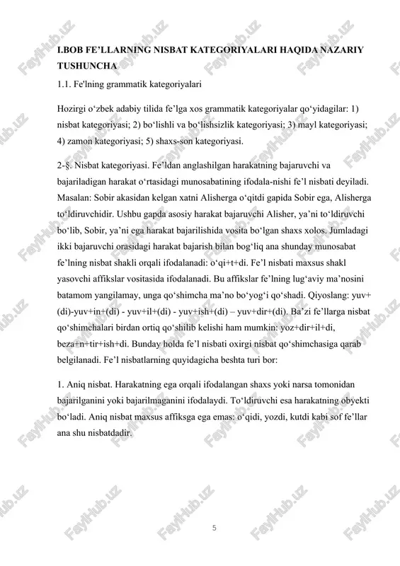 qit kabi. orttirma nisbat o‘timsiz fe’llardan yasalganda, o‘timli fe’l yuzaga keladi: ko‘kar- ko‘kartir, uch - uchir kabi. ayrim fe’llarda orttirma nisbat yasovchi affiks aniq ko‘rinib tursa-da, lekin hozirgi o‘zbek tili nuqtai nazaridan ularni morfemalarga ajratib bo‘lmaydi: tuzatmoq, surishtirmoq, uzatmoq kabi. ayrim fe’llarda orttirma nisbat ko‘rsatkichini boshqa nisbat ko‘rsatkichi bilan almashtirish mumkin: uyg‘ot- uyg‘on, yupat- yupan kabi. lekin bu fe’llar ham hozirgi til nuqtai nazaridan morfemalarga bo‘linmaydi. yetakchi va ko‘makchi fe’lli birikmalarga orttirma nisbat qo‘shimchasi, asosan, yetakchi fe’lga qo‘shiladi: ye+dir+ib qo‘ydi, aylan+tir+ib keldi. 4. majhul nisbat. harakat to‘ldiruvchi anglatgan narsa yoki shaxs tomonidan bajarilib, egaga o‘tadi yoki haqiqiy bajaruvchisi noma’lum bo‘ladi: o‘qish boshlandi (bajaruvchisi noma’lum), yer haydaldi (harakat bajaruvchisi traktorchilar).bu nisbatan -in / -n va -l / in affikslari orqali hosil qilinadi: tara+l, ulu+n, keltir+il, ol+in kabi. fe’lning majhul va o‘zlik nisbatlariga xos ko‘rsatkichlar o‘zaro grammatik omonim bo‘lib, ba’zan ayni bir affiks ham o‘zlik, ham majhullik nisbatni yasashi mumkin. bunday holda, …