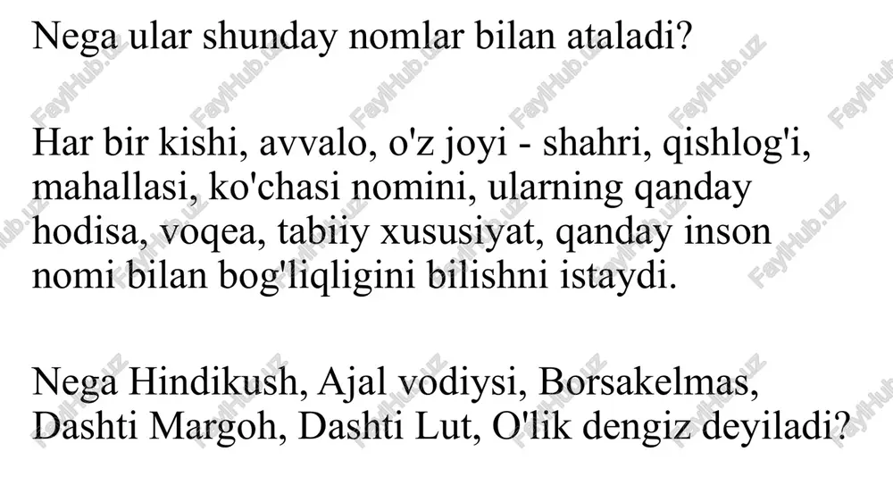 ytadi. masalan, turkiycha tosh so'zini arablar shosh deb talaffuz qilishidan ma'no o'zgarganini aytadi. “saydana” kitobida 400 dan ortiq qishloq, tog', daryo, shahar va orollarning nomlari tilga olingan. “qonuni ma'sudiy” kitobida 603 ta joy nomi ko'rsatilgan. abu rayhon beruniy mo'lton shahri nomiga quyidagicha izoh bergan (h.h.hasanov, 1985): “mo'ltonning (asl) nomi koshiyapura edi. keyin hansapura, keyin bashapura, keyin sanbhapura va keyin mo'lastxona, ya'ni “asl joy” deb nomlanadi; mo'l - “asl”, tona - “joy” demakdir” deydi. “mineralogiya” kitobida konlarning geografik tarqalishi, qaysi toshning qaysi tog', qaysi daryo vodiysi va qaysi qishloqdan qazib olinishi haqida yozishi bilan birga ayrim tosh, minerallarga izoh ham bergan. beruniyning dunyo xaritasida qirqqa yaqin joy nomlari berilgan. muallifi noma'lum “hudud al - olam” (x asr) kitobida ham geografik toponimika va terminshunoslikka oid ma'lumotlar ko'p. bu kitobda buxoro, farob, poykent, so'g'd, tavovis, karmina, dabusi, arbinjon, kushoniya, samarqand, kesh, termiz, zomin, jizzax, farg'ona, axsikat, qubo, shosh, kot va boshqa joylar haqida …
