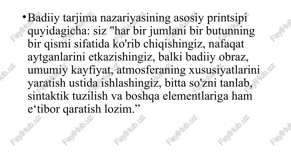 mumkin. bu borada badiiy tarjimani kommunikativ tarjima bilan tenglashtirish mumkin. "aslida, odatda, kundalik hayotda badiiy va xususan, badiiy tarjima deb ataladigan narsa, aslida qabul qiluvchining pragmatikasini hisobga oladigan kommunikativ tarjimadir" badiiy matn tarjimasining pragmatik tomonini hisobga olgan holda, badiiy tarjima deganda biz tarjima faoliyatining bir turini nazarda tutamiz, uning asosiy vazifasi tarjima tilida badiiy -estetik ta'sir o'tkaza oladigan nutq asarini yaratishdir. tarjima retseptorlari, bu san'at asarining manba tiliga ta'siriga teng. badiiy tarjimaning o'ziga xos xususiyati shundaki, tarjima paytida ikki madaniy tizimning to'qnashuvi yuz beradi, bu muqarrar ravishda madaniy tendentsiyalar aralashmasini hosil qiladi. tematik va uslubiy jihatdan tarjima matni, unda ikkita madaniyat bir -biriga o'xshashligi bilan ajralib turadi. har bir tarjima ozmi -ko'pmi tarjima aloqasi doirasida "tarjimada o'lchovlararo omil" atamasi bilan ko'rsatilgan bu qarama -qarshilikni aks ettiradi . tarjimonning vazifasi - bu omilni muvozanatlash. har bir so'z va har bir lingvistik elementga cheksiz xilma -xil semantik soyalar yuklanadi va tarjimon shu …