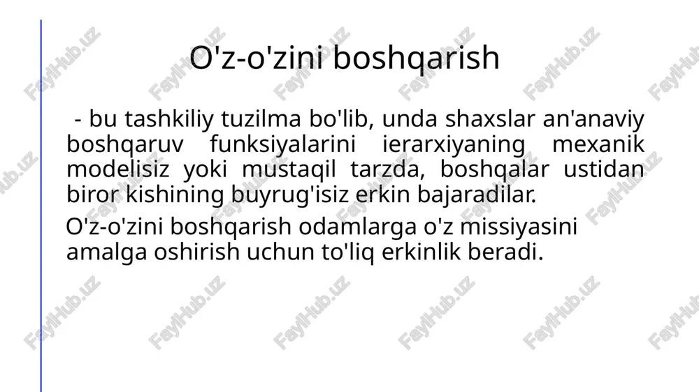 aror qabul qilishning yuqori tezligi va ular uchun javobgarlik o’z harakatlari natijalarni tanqidiy baholash burch hissi. o'z-o'zini tashkil etish konsepsiyalari l. seiwert: - o’z vaqtini tejash; m. vudkok va d. frensis: - o'z cheklovlarini yengib o'tish; v. andreev: - ijodiy shaxsning o'zini o'zi rivojlantirish; a. xrolenko: - ishbilarmonlik hayotining shaxsiy madaniyatini oshirish; x. shvalbe: - shaxsiy biznes muvaffaqiyatiga erishish. "o'z-o'zini tashkil etish“ning mohiyatini aniqlash yondashuvlari: 1. shaxsiy yondashuv o'z-o'zini tashkil qilishni shaxsga xos xususiyatlar sifatida ko'rib chiqadi. 2. faoliyatli yondashuv talabalarning o’quv jarayonidagi o'zini o'zi tashkil etishini ma'lum bosqichlardan iborat jarayon sifatida ko'rib chiqadi. faoliyatli yondashuv o'z-o'zini tashkil etishning tuzilishini, uning komponentlarini mavjud aloqalarini, shuningdek ularning faoliyatni mustaqil tashkil etish samaradorligiga ta’sirining ahamiyatini o'rganadi. 3. shaxsiy-faoliyatli yondashuv o'z-o'zini tashkil etishni jarayon komponentlari va shaxsning shaxsiy xususiyatlarining integratsiyasi deb hisoblaydi. 4. texnik yondashuv umumiy ta'limga texnologik yondashuvning paydo bo'lishi bilan shakllandi. u ko'pincha shaxsiy, faoliyatli va shaxsiy-faoliyatli yondashuvlar doirasida amalga oshiriladi. …