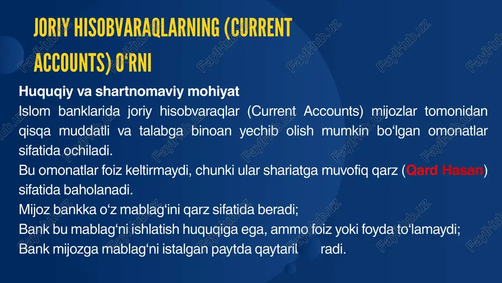 oizlarni tanlash o‘rniga, islom banki jismoniy shaxslarga ham, korxonalarga ham o‘zlari uchun qimmatli va qimmatli aktivlarni yaratishga yordam berishi bilan o‘ziga xosdir. bu nafaqat mustahkam iqtisodiy asosga asoslangan farovonlikka olib keladi, balki mijozlar o'rtasida tadbirkorlik ruhini rag'batlantiradi. islom banklari turli xil shariatga muvofiq moliyalashtirish va investitsiya vositalari orqali mijozlar bilan foyda va zararni taqsimlashning noyob konsepsiyasiga asoslanadi. islom banklari jismoniy shaxslar va korxonalarga iqtisodiyot rivojiga hissa qo'shadigan turli aktivlarni yaratish imkoniyatini beradi. bundan tashqari, islom banklari iqtisodiyotning barcha jabhalarida innovatsion shariat tuzilmalarini o'zlashtirish orqali investitsiya jarayonini rag'batlantiradi, axloqqa zid deb hisoblangan ayrim faoliyat turlari bundan mustasno. islom banklari shariat tamoyillariga amal qilish xususiyatidan kelib chiqib, mijoz uchun zararli bo'lishi mumkin bo'lgan har qanday bunday amaliyotga berilishlari taqiqlangan. islom bank ishi, shuningdek, birinchi bo'lib mijoz, xoh jismoniy, xoh korporativ bo'lsin, shunchaki mijoz emas, balki bank bilan hamkor yoki tovarlar yoki aktivlar egasidir. bu shuni anglatadiki, ular risklarni, shuningdek, bunday sheriklik yoki …