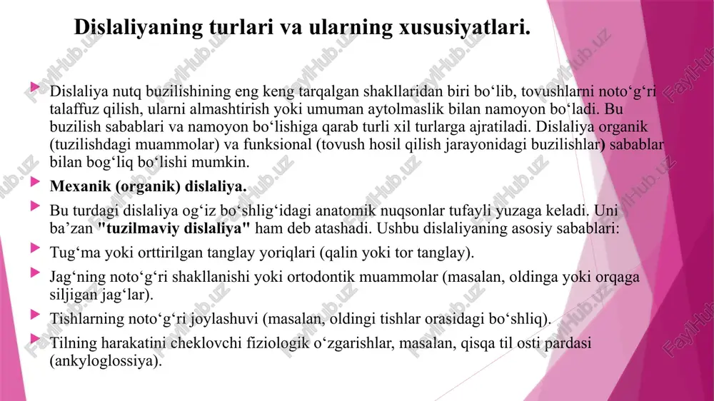 lgan adabiyotlar. m. mahmudova, sh. yusupova – "nutq terapiyasi asoslari", toshkent, 2018. a. raxmonqulova – "bolalar nutq nuqsonlarini bartaraf etish usullari", toshkent, 2020. t. karimova – "logopediya asoslari", toshkent, 2019. o‘zbekiston respublikasi sog‘liqni saqlash vazirligi – "nutq buzilishlarini tashxislash va reabilitatsiya qilish bo‘yicha metodik qo‘llanma", 2021. v. a. kovshikov – "logopediya: nutq buzilishlari va ularni tuzatish metodikasi", moskva, 2017. l. s. volkov, s. n. shaxovskaya – "logopediya: nazariya va amaliyot", sankt-peterburg, 2016. internet manbalari: o‘zbekiston respublikasi ta’lim portali, ilmiy maqolalar va logopediya bo‘yicha ilmiy tadqiqotlar. etiboringgiz uchun raxmat image1.png image2.png image3.png image4.png image5.png image6.png image7.png image8.png /docprops/thumbnail.jpeg