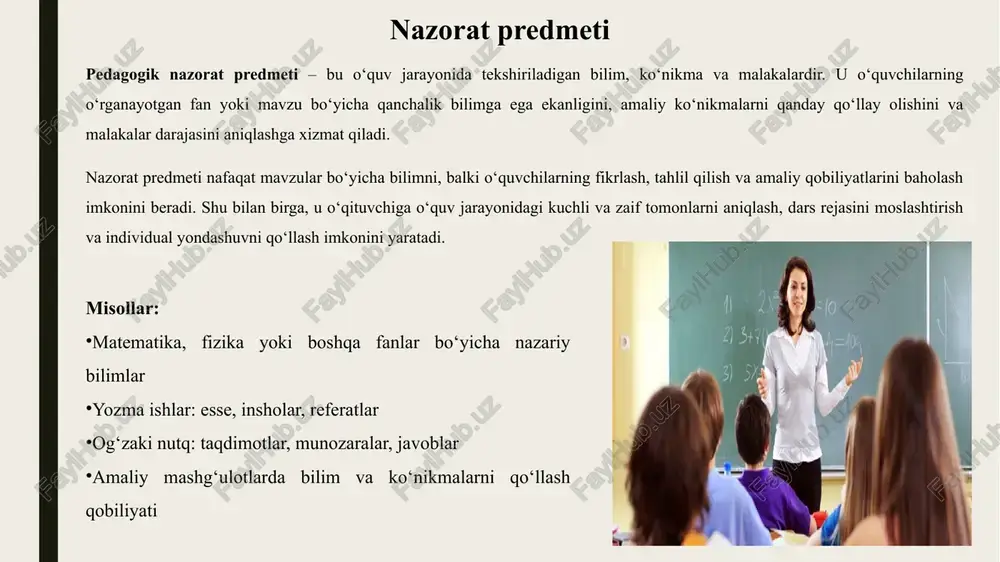 ng rivojlanish dinamikasini kuzatish, o‘qitish metodlarini takomillashtirish va ta’lim jarayonini samarali boshqarishga xizmat qiladi. diagnostik, formativ va sumativ nazorat turlari orqali o‘quv faoliyati bosqichma-bosqich baholanadi, natijalar asosida individual yondashuv amalga oshiriladi. zamonaviy baholash usullari va texnologiyalaridan foydalanish pedagogik nazoratning aniqligini, shaffofligini va samaradorligini oshiradi. umuman olganda, puxta tashkil etilgan nazorat jarayoni o‘quvchilarning motivatsiyasini kuchaytiradi, ta’lim maqsadlariga erishishni kafolatlaydi hamda zamonaviy raqobatbardosh kadrlarni tayyorlashda asosiy omil bo‘lib xizmat qiladi. etiboringgiz uchun raxmat image1.png image2.png image3.png image4.png image5.png image6.png image7.png image8.png image9.png image10.png image11.png image12.png image13.png image14.png /docprops/thumbnail.jpeg
