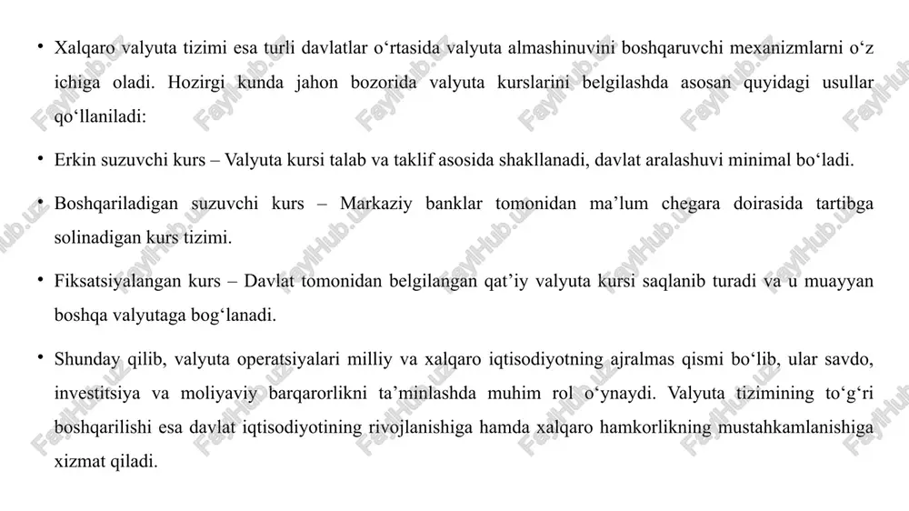 uta operatsiyalarini tartibga soluvchi qonunchilik o‘zbekistonda valyuta operatsiyalari o‘zbekiston respublikasi prezidenti farmonlari, vazirlar mahkamasi qarorlari va markaziy bankning normativ-huquqiy hujjatlari asosida tartibga solinadi. muhim hujjatlardan biri “valyuta tartibga solish to‘g‘risida”gi qonun bo‘lib, u valyuta operatsiyalarining ochiqligi, qonuniyligi va tartibga solish mexanizmlarini belgilaydi. bundan tashqari, soliq va bojxona qonunchiligi ham valyuta operatsiyalariga bevosita ta’sir ko‘rsatadi. markaziy bankning valyuta nazorati va tartibga solish vazifalari o‘zbekiston respublikasi markaziy banki valyuta operatsiyalarining qonuniyligini nazorat qiladi va valyuta bozori barqarorligini ta’minlashga mas’uldir. u quyidagi vazifalarni bajaradi: valyuta kurslarini tartibga solish – milliy valyuta barqarorligini ta’minlash uchun kursni shakllantirish mexanizmlarini boshqarish. litsenziyalash – tijorat banklari va moliyaviy institutlarga valyuta operatsiyalarini amalga oshirish uchun ruxsat berish. valyuta nazorati – noqonuniy valyuta operatsiyalarini aniqlash va oldini olish. xalqaro valyuta operatsiyalariga oid me’yoriy hujjatlar xalqaro darajada valyuta operatsiyalarini tartibga soluvchi asosiy hujjatlar quyidagilardir: xalqaro valyuta jamg‘armasi (imf) nizomi – valyuta kurslari, xalqaro to‘lovlar va valyuta siyosatini tartibga soluvchi asosiy …