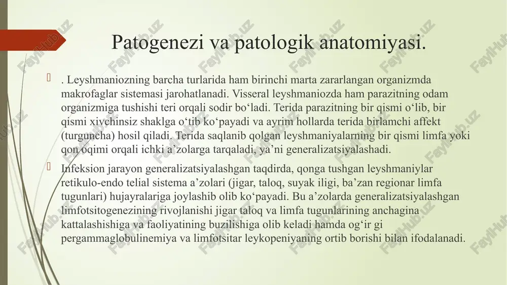 ilar (odam va sut emizuvchi hayvonlar) organizmida; ikkinchi — harakatli, ya’ni xivchinli davri umurtqasizlar (chivinlar) organizmida o‘tadi epidemiologiyasi. teri leyshmaniozi zoonoz xilining asosiy manbayi turli xil qum sichqonlari hisoblanadi. sahro va yarim sahroli hududlarda yashovchi boshqa xil yovvoyi kemiruvchilar va kamdankam hollarda toshbaqalar ham infeksiya manbayi bo‘la oladi. kasallik transmissiv yo‘l bilan, yoki qum sichqonlaridan iskabtopar orqali odamga yuqadi. kasallikni yuqishi sahroli hududlarda aprel oyining ikkinchi yarmidan boshlab to setabr oyining oxirigacha davom etishi mumkin. kasallik mavsumiy xarakterga ega bo‘lib, epidemik mavsum asosan moy, iyun oylarida boshlanadi, eng ko‘p kasallanish esa avgust-sentabr oylariga to‘g‘ri keladi. ko‘proq qishloq aholisi kasallanadi. endemik o‘choqlarda mahalliy bolalarga nisbatan boshqa joydan kelgan bolalar va kattalar ko‘proq kasallanadi. bu hol mahalliy aholida oldindan orttirilgan immunitet borligidan dalolat beradi. patogenezi va patanatomiyasi. iskabtopar chaqqanida teriga kirgan leyshmaniyalar tezda makrofaglarga (gistiotsidlar, plazmatik hujayralarga) kirib olib ko‘paya bo‘shlaydi. leyshmaniyalar tushgan joyda o‘choqli produktiv yallig‘lanish rivojlanib makrofaglarning to‘planishi tufayli spetsifik …