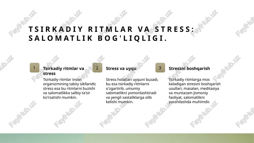 og'lom turmush tarzini shakllantirishda yordam beradi. o'zbekiston ekologiyasi va salomatlik: fiziologik tsikllar doirasida tahlil. ekologik o'zgarishlar o'zbekiston ekologiyasi iqlim o'zgarishlari va inson faolligi natijasida keskin o'zgarishlarga duch kelmoqda, bu esa salomatlikka ta'sir qiladi. fiziologik tsikllar fiziologik tsikllar, masalan, uyqu va ovqatlanish ritmlari, atrof-muhit omillari bilan bog'liq bo'lib, salomatlikni ta'minlashda muhim rol o'ynaydi. ta'sir va yechimlar salomatlikka ta'sir etuvchi ekologik muammolarni hal qilish uchun barqaror rivojlanish va sog'lom turmush tarzini rivojlantirish zarur. xulosa 1 tsirkadiy ritmlar va sog'liq tsirkadiy ritmlar inson organizmining hayotiy jarayonlarini boshqarishda muhim ahamiyatga ega. ular uyqu, ovqatlanish va stressni tartibga soladi. 2 o'zbek madaniyatida ritmlar o'zbekiston madaniyatidagi ritmlar hayot tarzini belgilaydi. an'anaviy marosimlar va ovqatlanish ritmlari sog'liqni saqlashga ijobiy ta'sir ko'rsatadi, hayotni yaxshilaydi. 3 ekologiya va salomatlik bog'liqligi tabiiy muhit va ekologik omillar inson salomatligiga ta'sir etadi. fiziologik tsikllar bilan bog'liq ekologik muammolarni hal qilish, sog'lom hayot tarzini rivojlantirish zarur. foydalanilgan adabiyotlar 1. jumaniyazov, b. r. tsirkadiy …