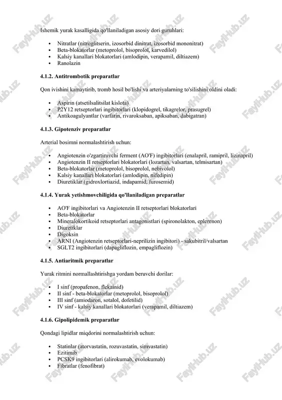 ipin, nifedipin) · diuretiklar (gidroxlortiazid, indapamid, furosemid) 4.1.4. yurak yetishmovchiligida qo'llaniladigan preparatlar · ao'f ingibitorlari va angiotenzin ii retseptorlari blokatorlari · beta-blokatorlar · mineralokortikoid retseptorlari antagonistlari (spironolakton, eplerenon) · diuretiklar · digoksin · arni (angiotenzin retseptorlari-neprilizin ingibitori) - sakubitril/valsartan · sglt2 ingibitorlari (dapagliflozin, empagliflozin) 4.1.5. antiaritmik preparatlar yurak ritmini normallashtirishga yordam beruvchi dorilar: · i sinf (propafenon, flekainid) · ii sinf - beta-blokatorlar (metoprolol, bisoprolol) · iii sinf (amiodaron, sotalol, dofetilid) · iv sinf - kalsiy kanallari blokatorlari (verapamil, diltiazem) 4.1.6. gipolipidemik preparatlar qondagi lipidlar miqdorini normalashtirish uchun: · statinlar (atorvastatin, rozuvastatin, simvastatin) · ezitimib · pcsk9 ingibitorlari (alirokumab, evolokumab) · fibratlar (fenofibrat) 4.2. invaziv davolash usullari 4.2.1. koronar angioplastika va stentlash toraygan koronar arteriyalarni maxsus ballon va stentlar yordamida kengaytirish 4.2.2. koronar arteriyalarni shuntlash operatsiyasi (kasho) koronar arteriyalardagi to'siqlarni chetlab o'tuvchi yangi qon tomirlari (shuntlar) yaratish 4.2.3. yurak qopqoqlarini operativ davolash · qopqoqlarni ta'mirlash (valvuloplastika) · qopqoqlarni protezlash (mexanik …