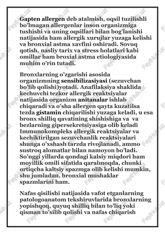 ng paydo bo’lishi yoki og’irlashishi. · pastki nafas yo’llarida tez-tez uchraydigan shamollashlar. · antigistamin va antiasmatik preparatlarni qabul qilganidan keyin umumiy holatning yaxshilanishi. bronxial astmaning asoratlari nafas qisilishining davomiyligi va kasallikning og’irligiga qarab bronxial astma o’pka emfizemasi va ikkilamchi yurak-o’pka yetishmovchiligi kabi asoratlar qoldirishi mumkin. beta-adrenostimulyatorlarning peredozirovkasi yoki glyukokortikosteroidlar dozasining keskin kamaytirilishi, shuningdek massiv allergen bilan aloqa qilish astmatik status (status asthmaticus)ga olib kelishi mumkin, bunda nafas qisilishi xurujlari birin-ketin yuzaga keladi va ularni to’xtatish uchun deyarli imkonsiz. astmatik status o’limga olib kelishi mumkin. bronxial astmani tashxislash tashxis odatda shikoyat va alomatlarga tayangan holda o’pka mutaxassisi (pulmonolog) tomonidan qo’yiladi. barcha boshqa tadqiqot usullari kasallikning og’irligi va etiologiyasini aniqlashga qaratilgan. spirometriya. bu, bronxial obstruktsiya darajasini baholash, uning o’zgarishi va tiklanishini aniqlash, shuningdek, tashxisni tasdiqlash uchun yordam beradi. astma nafas olish bronxial keyin bronxial astmada bronxolitik ingalyatsiyadan keyin 1 sekunddagi nafas chiqarish hajmi 12%ga (200ml) ko’paydi. ammo aniqroq ma’lumot olish uchun spirometriya …