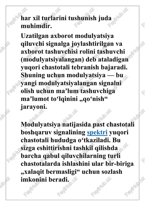 tsiya kabi boshqa modulyatsiya usullariga qaraganda kengroq uzatish tarmoqli kengligini talab qiladi. · shovqinga moyil: am signallari shovqin manbalarining shovqinlariga ko'proq moyil bo'lib, ular qabul qilingan signalning sifatini pasaytirishi mumkin. radioaloqada amplituda modulyatsiyasining qo'llanilishi am odatda turli xil radioaloqa dasturlarida qo'llaniladi, jumladan: · am translyatsiyasi: am radiostantsiyalari 535 khz dan 1705 khz gacha bo'lgan chastota diapazonida ishlaydi va yangiliklar, tok-shoular va musiqalarni uzoq masofali uzatishni ta'minlaydi. · aviatsiya aloqasi: samolyot aloqa tizimlari ko'pincha uzoq masofali imkoniyatlari tufayli havo harakatini boshqarish va uchuvchi aloqasi uchun amdan foydalanadi. · qisqa to'lqinli radio: xalqaro teleradiokompaniyalar va havaskor radio operatorlari signallarni minglab kilometrlarga uzatish uchun qisqa to'lqinli am dan foydalanadilar. chastotani modulyatsiya qilish (fm) chastotani modulyatsiya qilish (fm) analog modulyatsiya usuli bo'lib, unda tashuvchi to'lqin chastotasi xabar signalining amplitudasiga qarab o'zgaradi, amplituda va faza doimiy bo'lib qoladi. bu shovqin va shovqinlarga nisbatan kamroq sezgir signalga olib keladi va am bilan solishtirganda yaxshilangan audio sifatini …