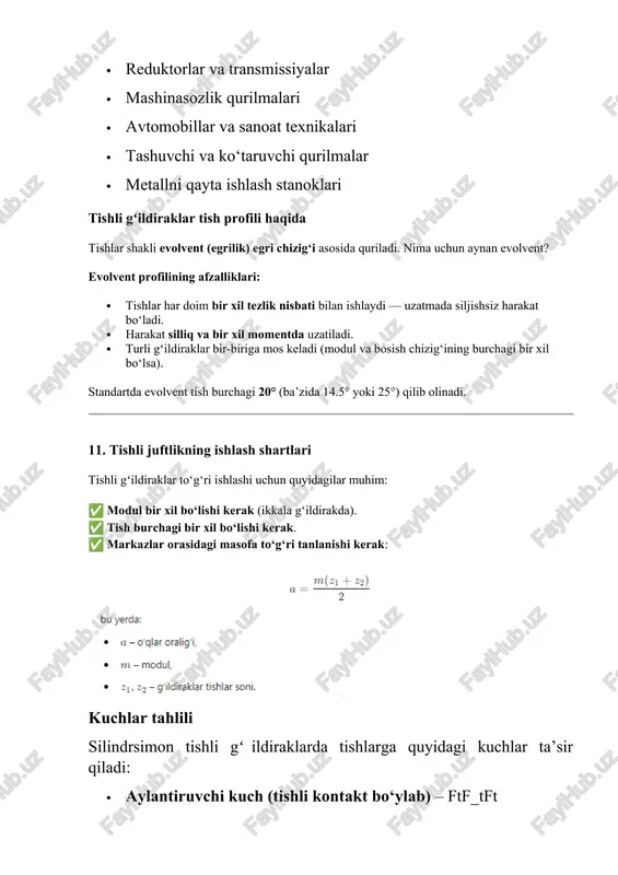 → sirtini söndürish bilan qotirish → hrc 45-55 qattiqlikka erishiladi. agar siz jim ishlaydigan mexanizm (masalan, printer) uchun tishli gʻildirak loyihalayotgan bo‘lsangiz: · material: kaprolon yoki bronza → silliq harakat, past shovqin, korroziyaga bardoshli. material tanlashning texnik tahlili tishli gʻildirakning materiali nafaqat mexanik xususiyatlariga, balki ishlash sharoitlariga ham to‘g‘ri kelishi kerak. quyidagilar asosida tanlov amalga oshiriladi: tanlov mezoni tavsifi statik kuch tishning egilishiga qarshi chidamlilik dinamik yuk vaqt-vaqti bilan keladigan zarbali yuklar ishqalanish ishlashdagi silliqlik, qizib ketmaslik charchoq mustahkamligi uzoq muddatda tishlarning yorilmasligi texnologik qulaylik ishlab chiqarishdagi qulaylik (kesish, payvandlash, issiqlik ishlovi) 📐 material tanlashda hisob-kitob yondashuvi agar siz mexanik loyihani aniq hisob asosida bajarayotgan bo‘lsangiz, quyidagilarni hisobga olishingiz kerak: 1. tish yuzasidagi bosim (hertz bosimi): bu sirtning qattiqligi va bosim ta’siriga chidamligini baholaydi. ruxsat etilgan kuchlanishlar (yo‘l qo‘yiladigan qiymatlar): material [σh​], mpa [σf​], mpa 45 po‘lat (qotirilmagan) ~450 mpa ~250 mpa 40x po‘lat (qotirilgan) ~900 mpa ~400 mpa cho‘yan …