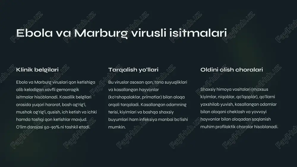 asallik mexanizmlariga qarshi) terapiyani o'z ichiga oladi. og'ir hollarda intensiv terapiya, sun'iy nafas oldirish va boshqa qo'llab- quvvatlovchi choralar zarur bo'ladi. vaksinatsiya - asosiy profilaktika usuli vaksinatsiya o'ta xavfli infeksiyalardan himoya qilish uchun eng samarali usul hisoblanadi. hozirgi kunda covid-19, vabo, sariq isitma, o'lat va boshqa ko'plab infeksiyalarga qarshi vaksinalar mavjud. bezgak va oiv kabi kasalliklarga qarshi vaksinalar esa ishlab chiqilmoqda. vaksinatsiya nafaqat alohida shaxslarni, balki butun aholini himoya qiladi, chunki u "jamoa immunitetini" shakllantiradi. bu esa kasallikning tarqalishini sezilarli darajada kamaytiradi va epidemiyalarning oldini olishga yordam beradi. shaxsiy himoya va gigiyena choralari qo'l gigiyenasi qo'llarni muntazam ravishda sovun va suv bilan kamida 20 soniya davomida yuvish ko'plab infeksiyalarning oldini olishda muhim ahamiyatga ega. sovun va suv bo'lmagan hollarda spirt asosidagi antiseptik vositalardan foydalanish tavsiya etiladi. respirator himoya havo-tomchi yo'li bilan tarqaladigan infeksiyalardan himoyalanish uchun tibbiy niqoblar va respiratorlardan foydalanish muhim. covid-19 pandemiyasi davrida bu chorani qo'llash ayniqsa dolzarb bo'ldi. …