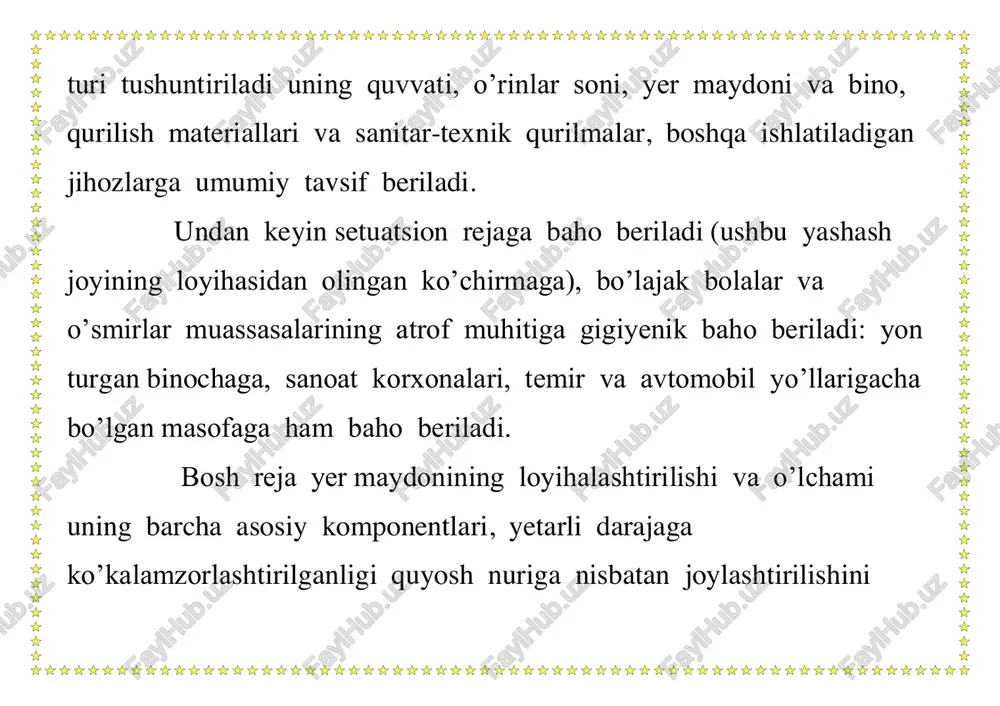 ham;larda joylashtiriladi: birinchi sinfga kiruvchi sanoat korxonalariga nisbatan 1000m dan kam bo’lmagan masofada; ikkinchi sinfga sanoat korxonalaridan 500m dan kam bo’lmagan masofada; uchinchi sinfga sanoat korxonalaridan 300m dan kam bo’lmagan masofada; to’rtinchi sinfga sanoat korxonalaridan 100m dan kam bo’lmagan masofada; beshinchi sinfga sanoat korxonalaridan 50m dan kam bo’lmagan masofada joylashtirilishi lozim. maktabgacha tarbiya muassasalarining loyihasini sanitary- gigiyenik ekspertiza qilishda respublikamizda ishlab chiqarilgan sanitariya mayor va qoidalardan foydalaniladi. ushbu sanitariya mayor va qoidalarining talablariga binoan maktabgacha bolalar muassasalarida bolalarning yosh guruhlari va soni quyidagi keltirilgan tartib asosida jamlashtirilishi kerak. maktabgacha bolalar muassasalarida jamlanadigan bolalarning soni va yosh guruhlari. guruxlar yoshi guruxlardagi o’rinlar soni ilk bolalik guruxi 1-ilk bolalik guruxi 1 yoshgacha 10 2-ilk bolalik guruxi 1 yoshdan - 2 yoshgacha 15 1 kichik gurux 2 yoshdan - 3 yoshgacha 15 maktab oldi guruxi 2 kichik gurux 3 yoshdan - 4 yoshgacha 20 o’rta burux 4 yoshdan - 20 5 yoshgacha katta …