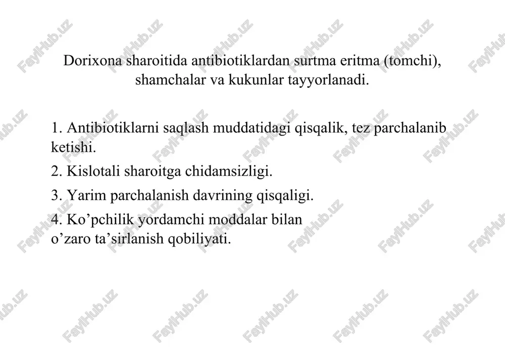di. chin eritmalarni elektron mikroskop yoki ultramikroskopda karalganda ham bir tusli (gomogen) holda ko’rinadi. ularning zarrachalari oddiy filtrda ham, mikrofiltrda ham ajralmaydi. chin eritmalar oson diffuziyalanadi. surtmalar (unguenta) – yumshoq dori shakllari bo‘lib, asosan maxalliy ishlatish uchun mo‘ljallangan. ularning dispers muhitlari shunday reologik (etarli qovushqoqlik, plastiklik va psevdoplastik) ko‘rsatkichlarga egaki, uning natijasida surtmalar belgilangan haroratda ham o‘zining turg‘unligini etarlicha saqlab qola oladi. image1.jpeg image2.jpeg image3.jpeg image4.jpeg image5.jpeg