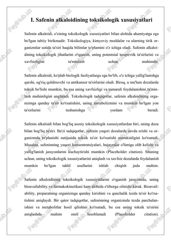 qalgan va oddiy usullardan biridir. bu usulda, safenin mavjud bo‘lgan o‘simlik materiallari maxsus erituvchilar yordamida ishlanadi. erituvchi sifatida suv yoki organik erituvchilar, masalan, metanol, etanol, yoki xlorofor kabi moddalar ishlatilishi mumkin. ushbu usulda, o‘simlik materialidan safenin ajralib chiqadi va keyinchalik, erituvchi olib tashlangach, quruq qoldiq sifatida safenin hosil bo‘ladi. bu jarayonning afzalligi, oddiy va samarali bo‘lishidir, lekin ba’zida erituvchining o‘ziga xos kimyoviy ta'siri tufayli toza safenin olish qiyinlashadi. ikkinchi usul sifatida **kolon kromatografiyasi** foydalaniladi. bu usulda, safenin va boshqa alkaloidlarni ajratish uchun maxsus kromatografik materiallar ishlatiladi. kolon kromatografiyadagi ajratish jarayoni, moddalarning fizik-kimyoviy xususiyatlariga asoslanadi, masalan, polariteti yoki molekulyar og‘irligi. bu usul, yuqori tozalikdagi safeninni olish imkoniyatini yaratadi va asosan tadqiqotlarda qo‘llaniladi. kolon kromatografiyasi yordamida safeninning sifat tahlili ham amalga oshirilishi mumkin, chunki ajratilgan moddalarning xususiyatlari osonligi bilan o‘rganiladi. uchinchi usul sifatida **suyuq-suyuq ekstraksiya** jarayoni ko‘rsatiladi. bu usulda, safenin ikki xil suyuqlik fazasi o‘rtasida ajratiladi. odatda, bunday jarayon polarlye va polar …