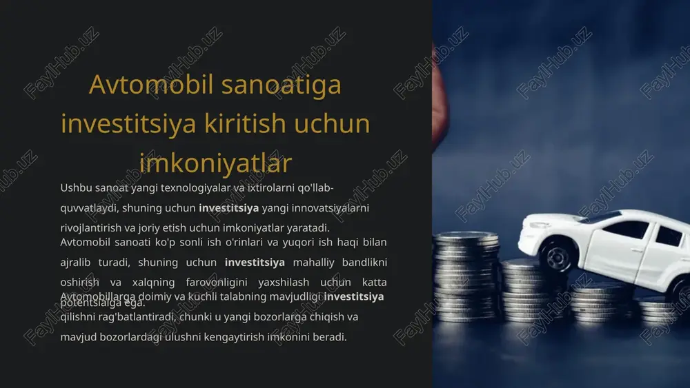 h investitsiya samaradorligini oshiradi. 4 xalqaro hamkorliklarni kengaytirish xorijiy ishlab chiqaruvchi va investorlar bilan hamkorlik qilish avtomobil sanoatiga yangi texnologiyalar, mahsulotlar va investitsiyalarni olib keladi. image1.png image2.png image3.jpeg image4.png image5.png image6.png image7.png image8.png image9.png image10.png