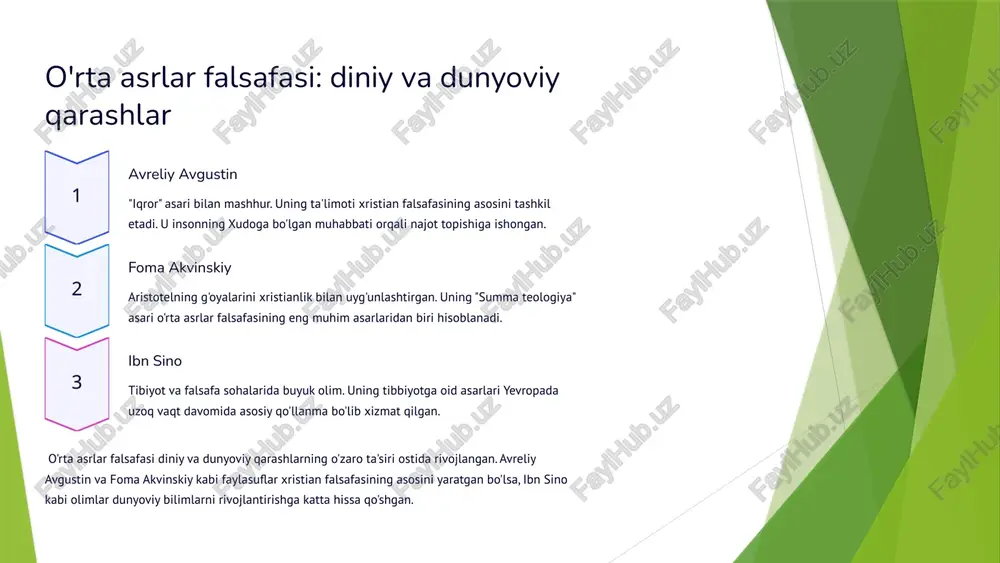 vojlantiradi va uning dunyoqarashini kengaytiradi. 🌱 falsafa jamiyat taraqqiyotiga hissa qo'shadi. u adolatli, tinch va farovon jamiyat qurishga yordam beradi. falsafa kelajakda ham jamiyat taraqqiyotida muhim rol o'ynaydi. u insoniyatning oldida turgan muammolarga yechim topishga, yangi g'oyalarni yaratishga va adolatli jamiyat qurishga yordam beradi. falsafiy yondashuv kelajakni tasavvur qilish va uni yaratish uchun zarur bo'lgan aqliy quvvatni beradi. 10 kirish: falsafa va fan o'rtasidagi tarixiy aloqalar qadimiy davr falsafa fan uchun poydevor bo'lgan. tabiatni tushunishga intilish. ilmiy inqilob falsafiy g'oyalar fanning rivojlanishiga turtki berdi. empirik kuzatuvlar. zamonaviy davr falsafa fan metodologiyasini shakllantiradi. fanning chegaralarini belgilaydi. 11 ratsionalizm: bilim manbai sifatida aql 1 asosiy g'oya aql bilimning asosiy manbai. tug'ma g'oyalar mavjud. 2 vakillar dekart, spinoza, leybnits. ularning matematikaga qo'shgan hissasi. 3 fan uchun ahamiyat matematik modellar yaratish. nazariy fizika rivojlanishi. 12 empirizm: tajriba bilimning asosi sifatida asosiy g'oya tajriba orqali bilim olish. kuzatuv va eksperimentlar. vakillar lokk, berkli, yum. ularning …