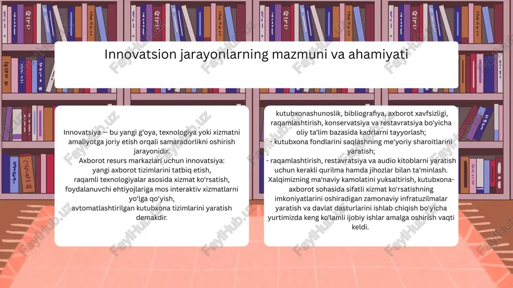 xonachilarni ijodiy faoliyat ko’rsatishga, tashabbuskorlikka undash imkoniyati vujudga keladi. foydalanilgan adabiyotlar 1. o‘zbekiston respublikasi prezidentining “axborot-kommunikatsiya texnologiyalarini rivojlantirish to‘g‘risida”gi farmonlari. 2. “axborotlashtirish to‘g‘risida”gi qonun (2022-yilgi tahrir). 3. sh. a. jo‘rayev. kutubxona-axborot faoliyatida innovatsiyalar. – toshkent, 2023. 4. ziyonet.uz portali ma’lumotlari. 5. national library of uzbekistan veb-sayti: www.nl.uz image1.png image2.png image3.png image4.svg image5.png image6.svg image7.jpeg image8.png image9.png image10.png image11.png image12.png image13.svg image14.png image15.svg image16.png image17.svg /docprops/thumbnail.jpeg