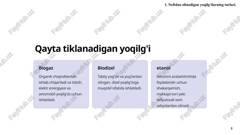 , taklifi va narxiga ta'sir qiluvchi omillar. 2. benzinlar 19 19 xavfsizlik qoidalari 1 sifat standartlari ishlash va ekologik mezonlarga javob beradigan benzin yoqilg'ilarining tozaligi va sifatini ta'minlaydigan qoidalar. 2 ishlash bo'yicha ko'rsatmalar turli xil ilovalarda benzinni xavfsiz ishlatish, saqlash va ishlatish uchun protseduralar va protokollar. 3 favqulodda vaziyatlarga tayyorgarlik benzin bilan bog'liq baxtsiz hodisalar, to'kilishlar va ofatlarga javob berish uchun trening va resurslar. 2. benzinlar 20 20 suyultirilgan neft gazi (lpg) portativ va ko'p qirrali energiya manbai bo'lgan lpg isitish, pishirish va tashish uchun ishlatiladigan toza yoqilg'idir. 3. suyultirilgan neft gazi 21 21 lpg ning afzalliklari toza energiya lpg kamroq chiqindilarni ishlab chiqaradi, havo ifloslanishi va issiqxona gazlari emissiyasini kamaytiradi. ko'p tomonlama ilovalar uy xo'jaliklaridan tortib sanoatgacha, lpg isitish, pishirish va energiya ishlab chiqarish kabi turli xil ilovalar uchun ishlatiladi. xavfsiz ishlov berish qattiq xavfsizlik standartlari va zamonaviy uskunalar lpgdan xavfsiz foydalanish va saqlashni ta'minlaydi. 3. suyultirilgan neft gazi …