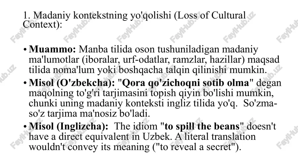 anglatuvchi so‘zlarni qo‘llash. bu tarjima kontekst bilan bog‘liqlikni anglatadi, ba’zida esa taxminiy ma’noga ega bo‘ladi. 3. so‘zni qo‘llash, ya’ni tarjima qilinayotgan tildagi realiyaga vazifa jihatidan yaqinroq ma’noga ega bo‘lgan so‘zni qo‘llash usulidir. bunda ba’zida so‘zning taxminiy ma’nosini kontekstga moslab qo‘llaniladi. 4. giponimik usul, umumlashtirilgan taxminiy tarjima, tarjima amalga oshirilayotgan tildagi realiyalar tarjima tilida beriladi va tur bildiruvchi tushunchani emas, balki rod bildiruvchi tushunchani aks ettiradi. 1. transliteratsiya va transkripsiya. xorij tilidagi realiyalarni yetkazib berishning bir necha usuli mavjud. birinchidan, yu.s. maslov "moddiy o‘zlashtirish" yoki xususiy ma’nodagi o‘zlashtirishni ajratib ko‘rsatadi. bunday hollarda xorij birliklarining nafaqat so‘z ma’nosi (yoki so‘z ma’nolaridan biri), balki u yoki bu darajadagi yaqin ma’nosi–uning moddiy eksponenti o‘zlashtiriladi. “moddiy o‘zlashtirish”ga birinchi navbatda, transliteratsiya va transkripsiya kiradi: trasliteratsiya so‘zlarni grafik darajada yetkazishdir. masalan: volost, lada, ukaz, zil; transkripsiya esa fonemalar darajasida yetkazishdir. masalan: soumalak, krechtchenie, koulak, sovkhoze. transkripsiya va transliteratsiyadan ko‘p hollarda atoqli otlar, davlat korxonalari nomlari, o‘quv yurtlari …