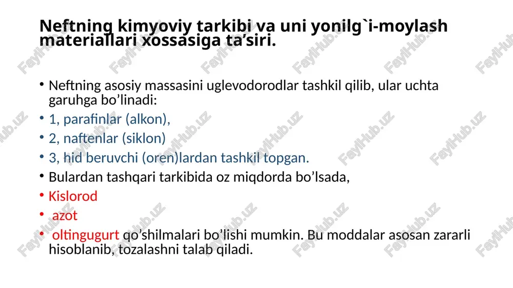, tiofan) kushiladi. bunda oltingugurt kislotasi yonilg`ining asosiy qismlari bo’lgan parafin, hid beruvchi, naften uglevodorodlariga ta’sir qilmasdan keraksiz bo’lgan moddalar va organik kislota, efirlar, sulfokislota, qolgan gudron bilan reaksiyaga kirishadi. keyin tozalaniladigan yonilg`i naoh ishkori bilan yuviladi. bunda hosil bo’lgan tuzlar suv bilan yuvilib keyin tindiriladi. gidrogen tozalashda vodorod va katalizatorlar (xrom va molibden) olindi, kobalt va molibden oksidlarining qo’shilmasidan foydalaniladi. dizel yonilg`isida tozalanishdan oldin 1…1,3% oltingugurt birikmalari bo’lsa, tozalagandan keyin bu miqdor 0,02…0,06% ga tushib qoladi. image1.jpeg image2.jpeg /docprops/thumbnail.jpeg